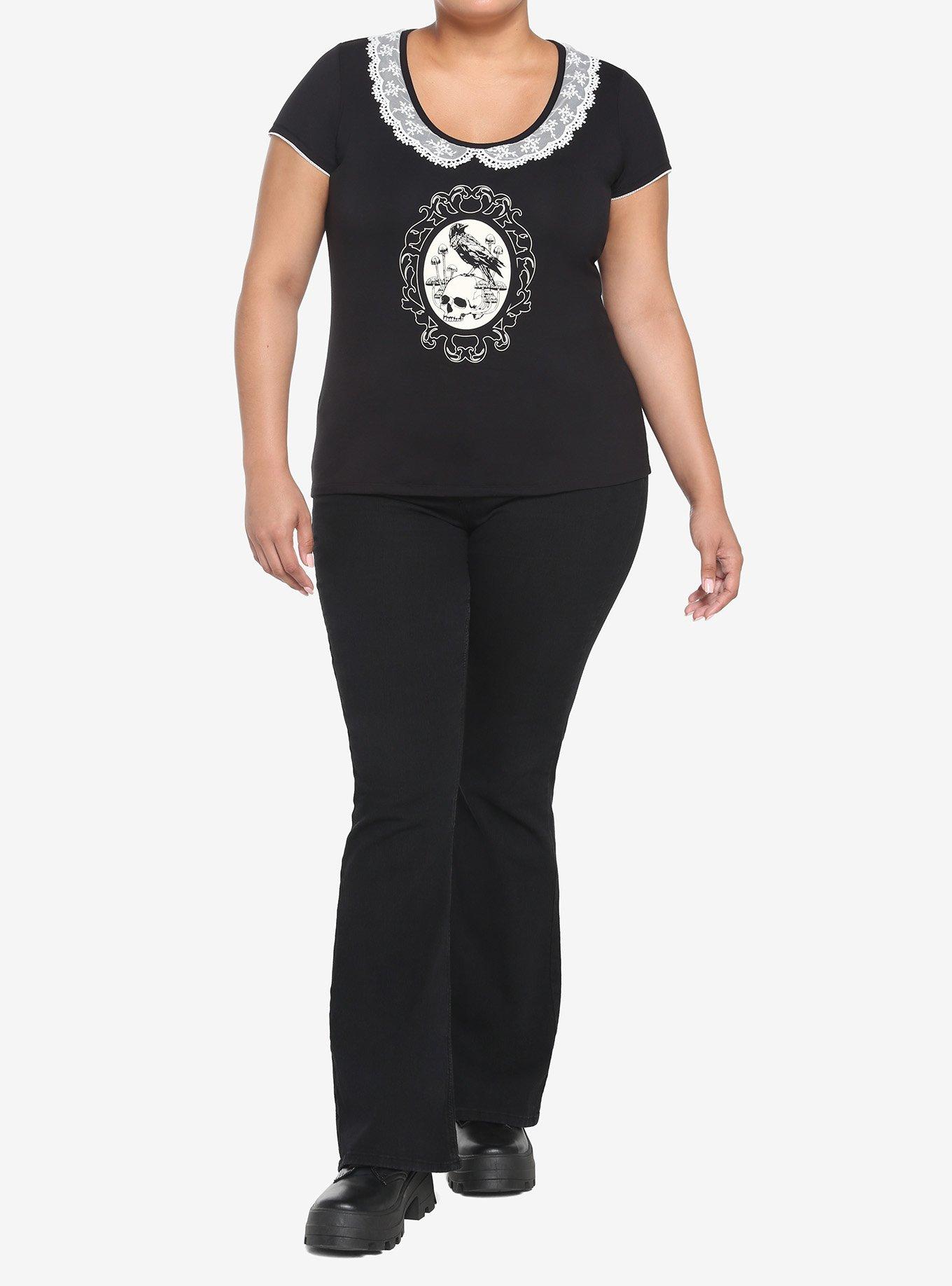 Raven Skull Lace Collar Girls Top Plus Size, BLACK, alternate