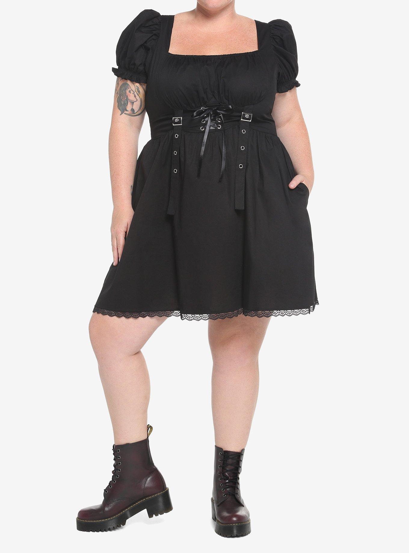 Black Corset Grommet Dress Plus Size, BLACK, alternate