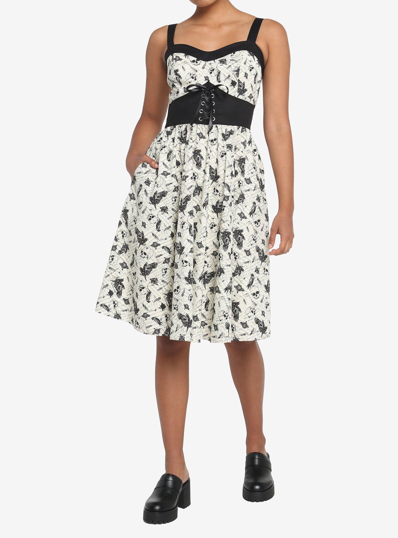 Ivory & Black Raven Skull Retro Dress, , hi-res