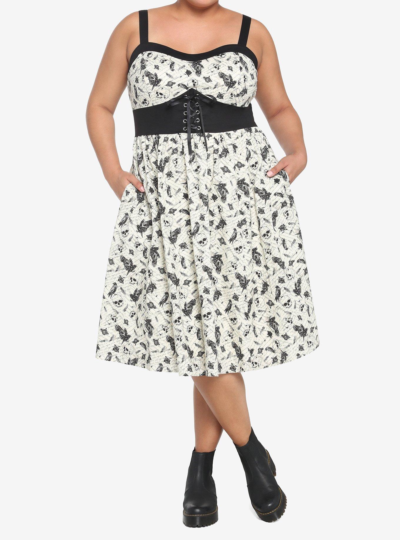 Ivory & Black Raven Skull Retro Dress Plus Size, , hi-res