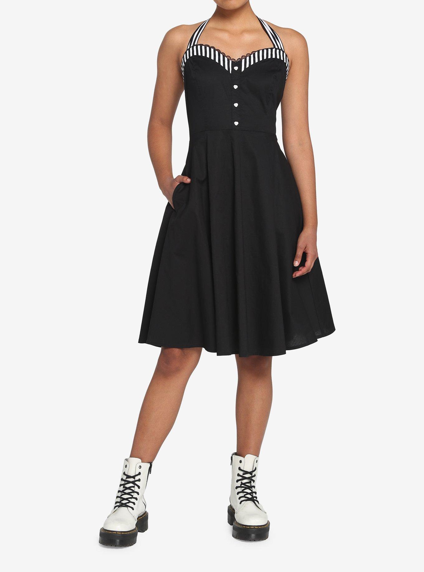 Black & White Stripe Retro Halter Dress, STRIPE WHITE AND BLACK, alternate
