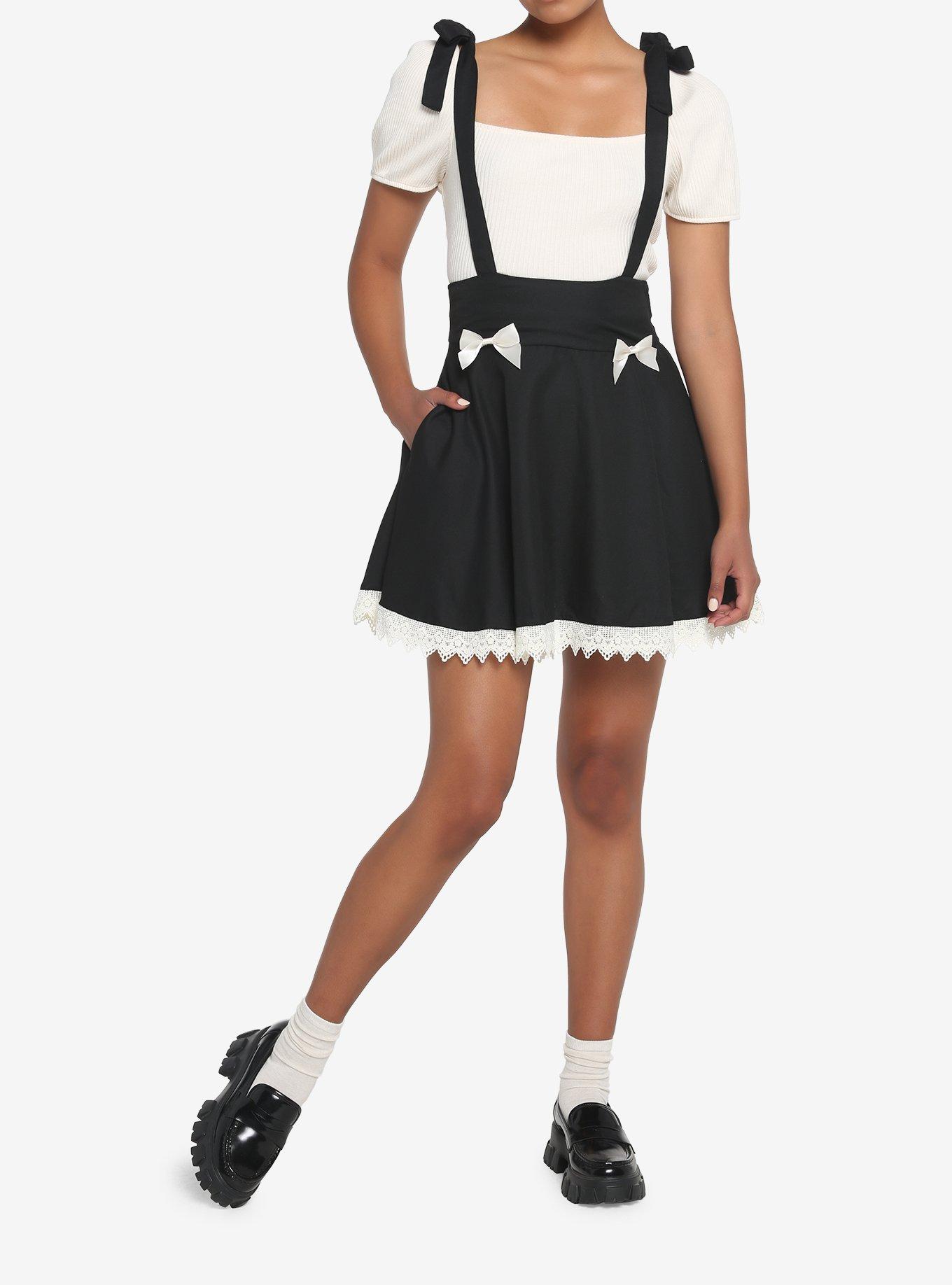 Black & White Ribbon Lace Suspender Skirt, BLACK, alternate