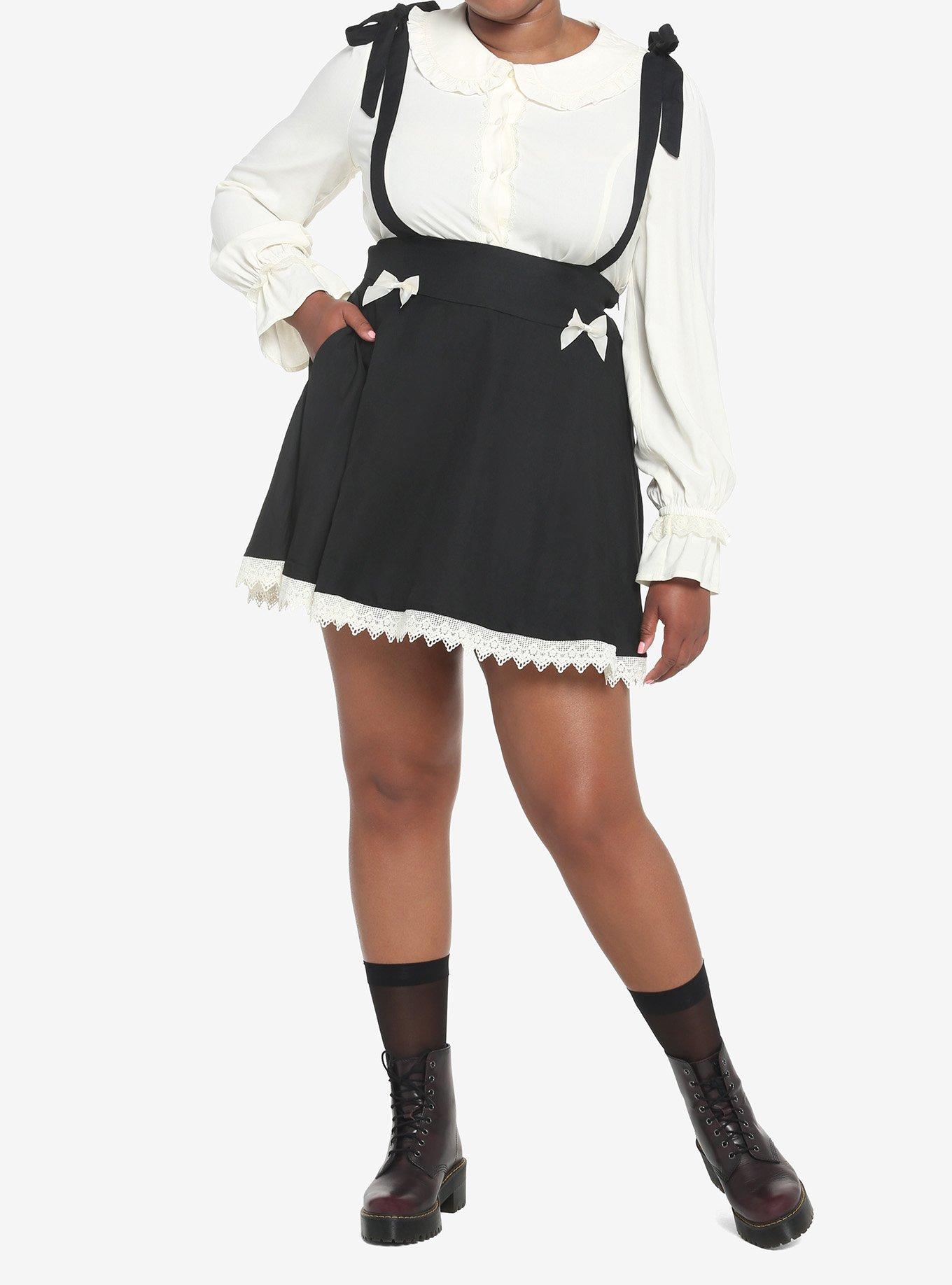 Black & White Bow Suspender Skirt Plus Size, BLACK, alternate