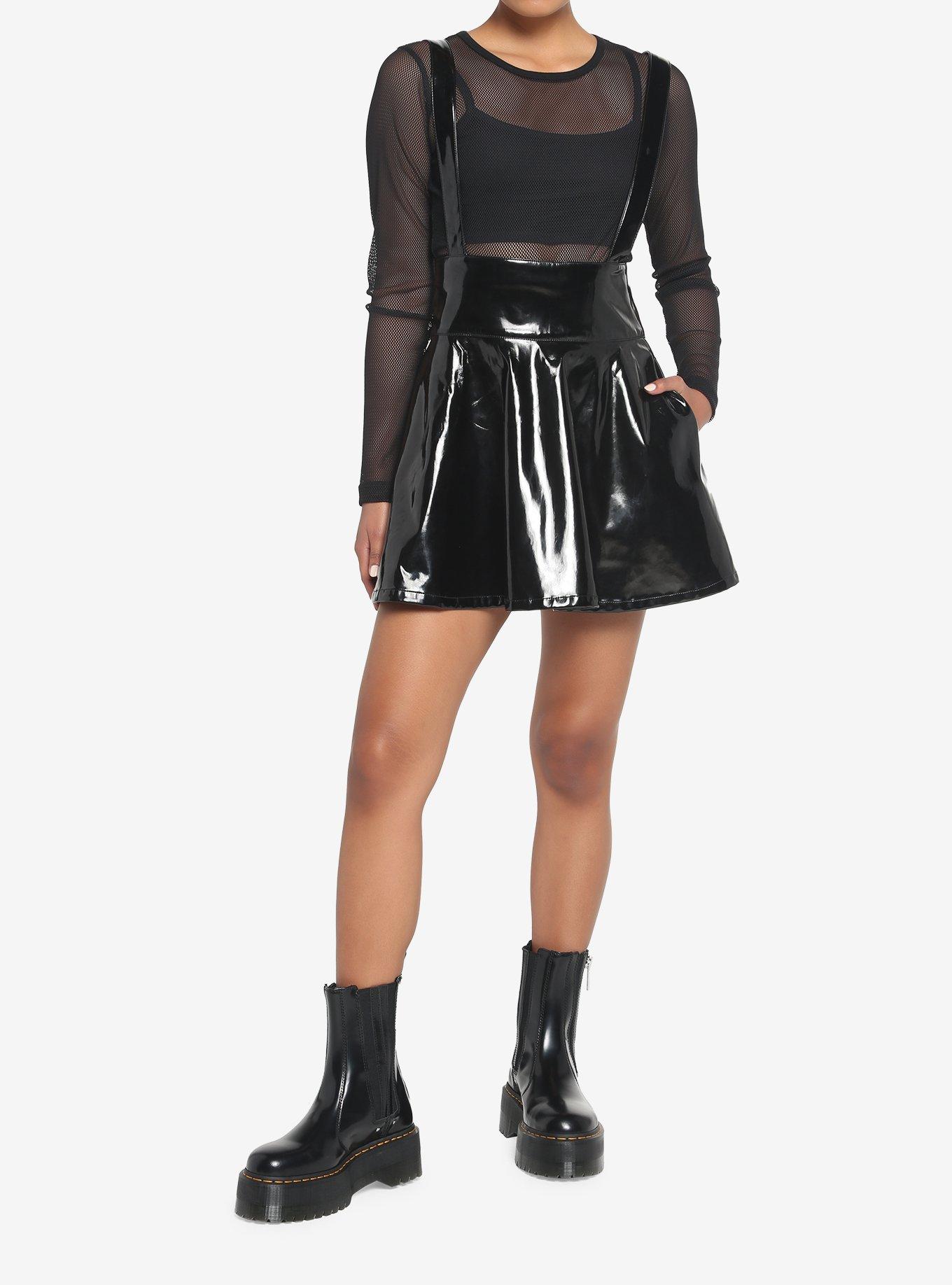 Black Patent Faux Leather Suspender Skirt, BLACK, alternate