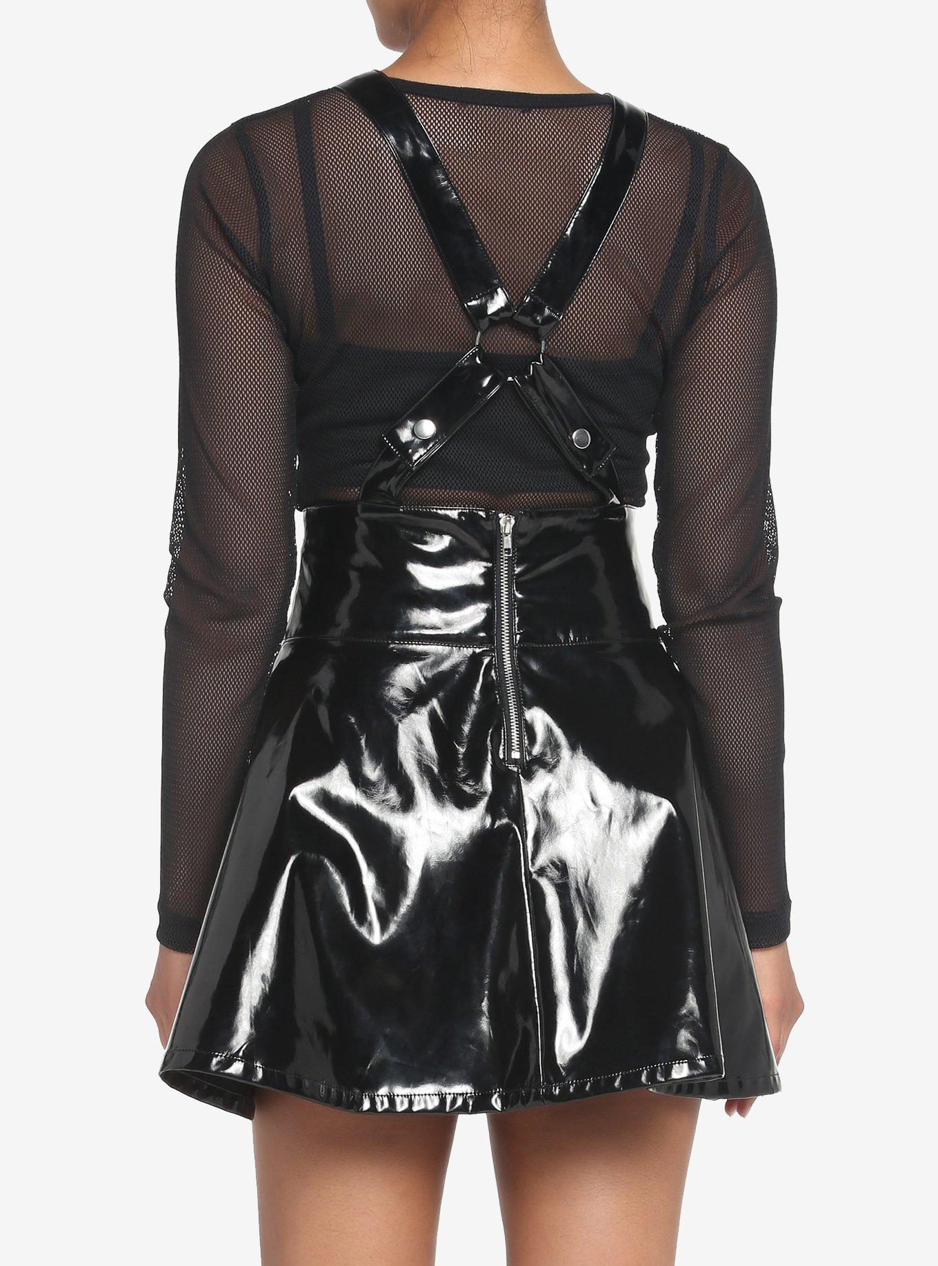 Black Patent Faux Leather Suspender Skirt, BLACK, alternate