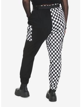Black & White Checkered Split Cargo Jogger Pants Plus Size, , hi-res