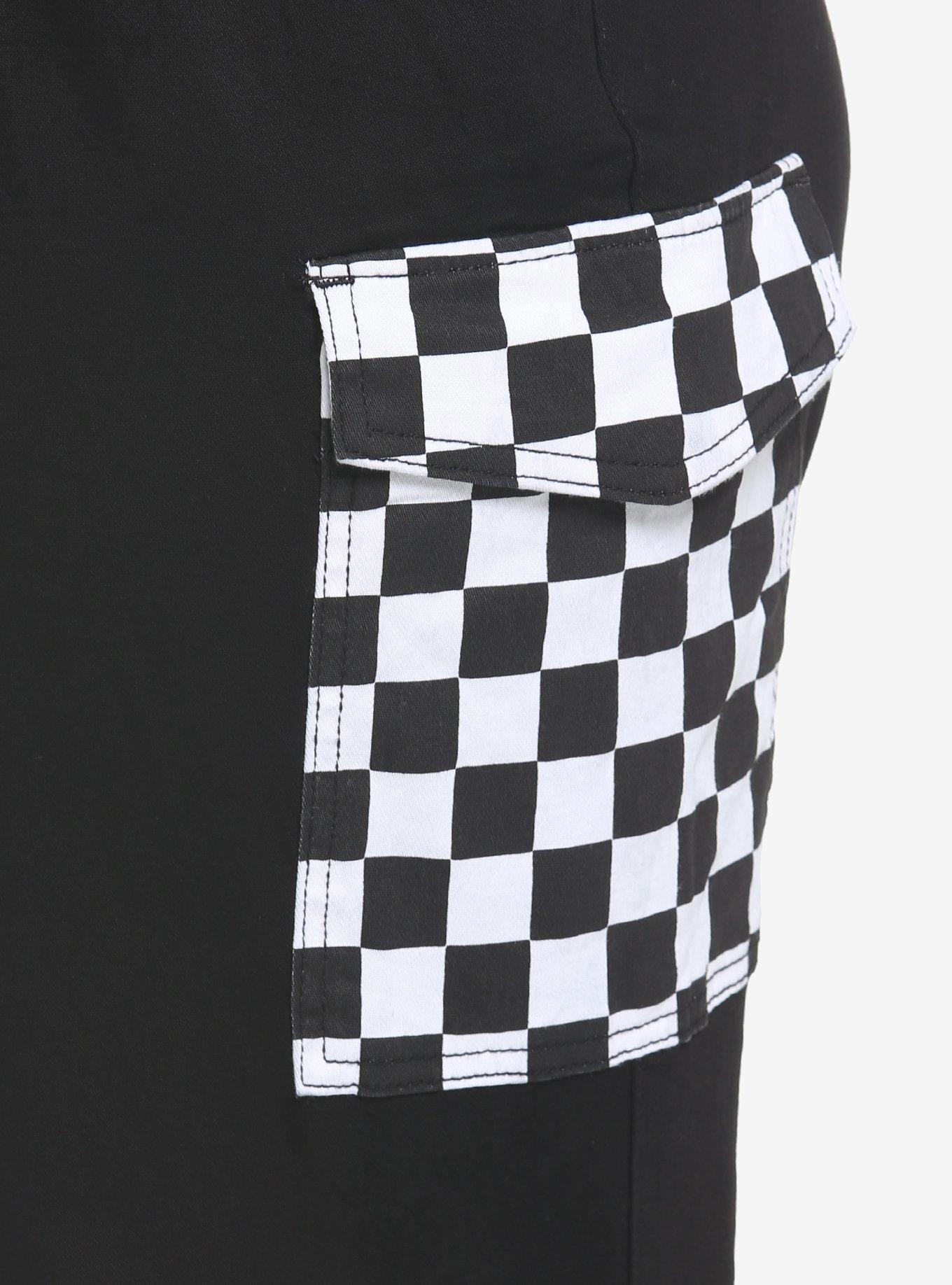 Black & White Checkered Split Cargo Jogger Pants Plus Size, BLACK  WHITE, alternate