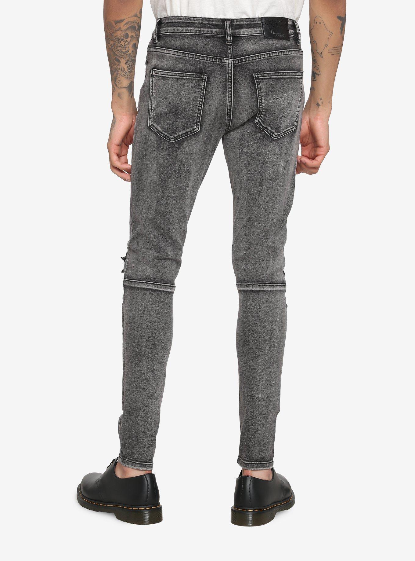 Grey Wash Destructed Skinny Jeans, BLACK  GREY, alternate