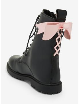 Black & Pink Lace-Up Bow Combat Boots, , hi-res