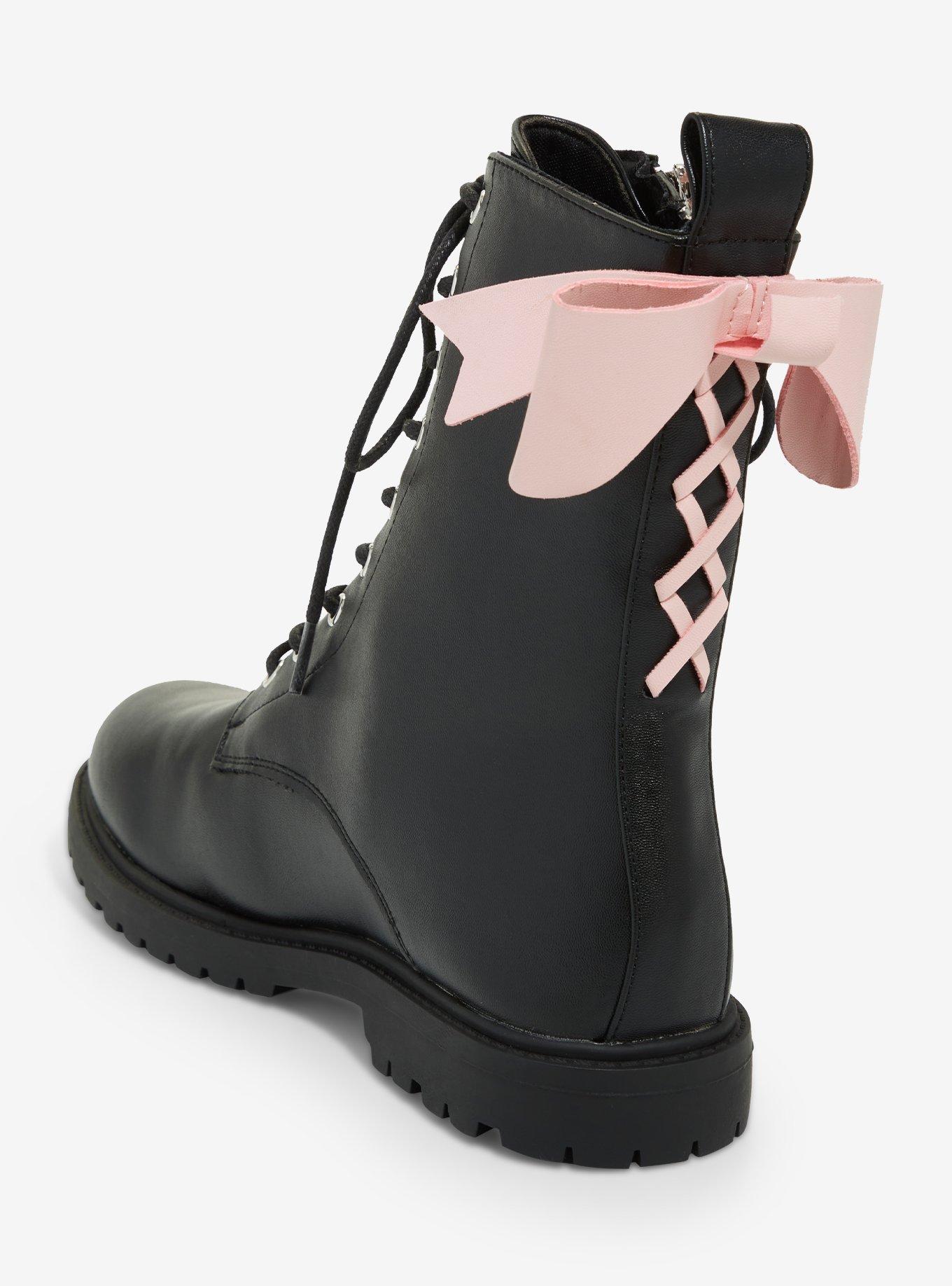 Black & Pink Lace-Up Bow Combat Boots, MULTI, alternate