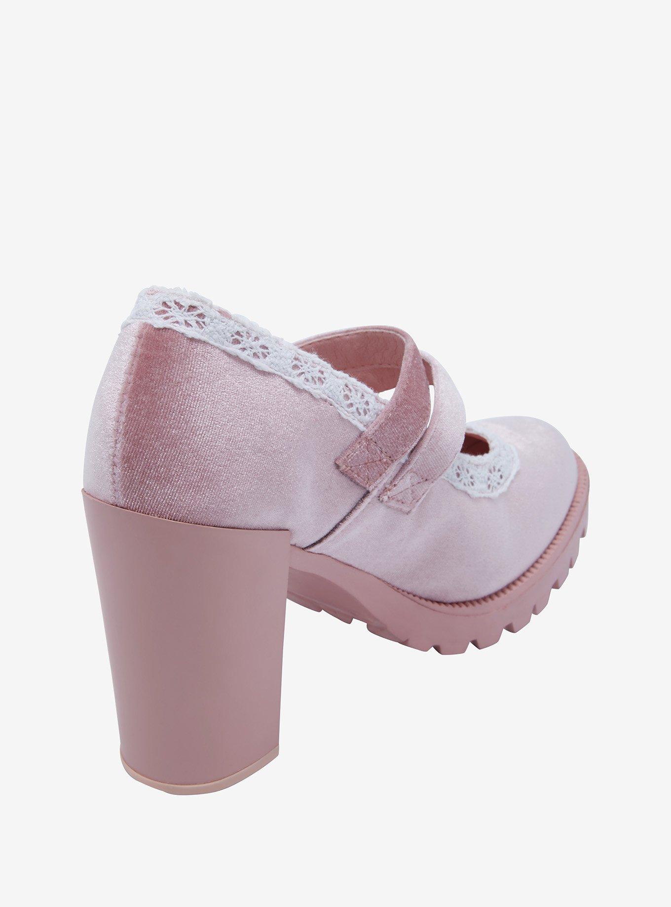 Pink Velvet & Lace High-Heeled Platform Mary Janes, , hi-res