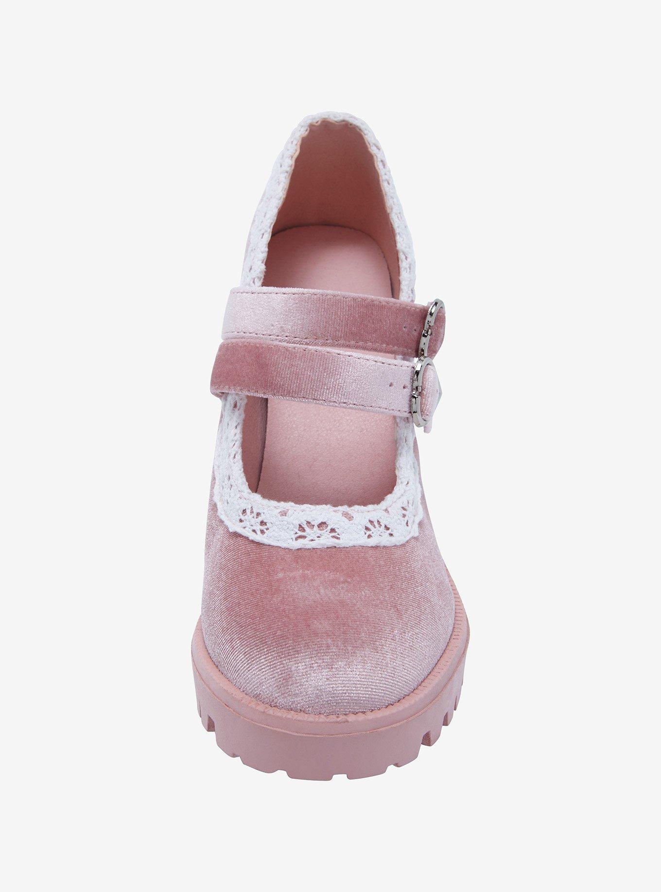 Pink Velvet & Lace High-Heeled Platform Mary Janes, MULTI, alternate