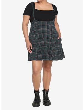 Green Plaid High-Waisted Suspender Skirt Plus Size, , hi-res