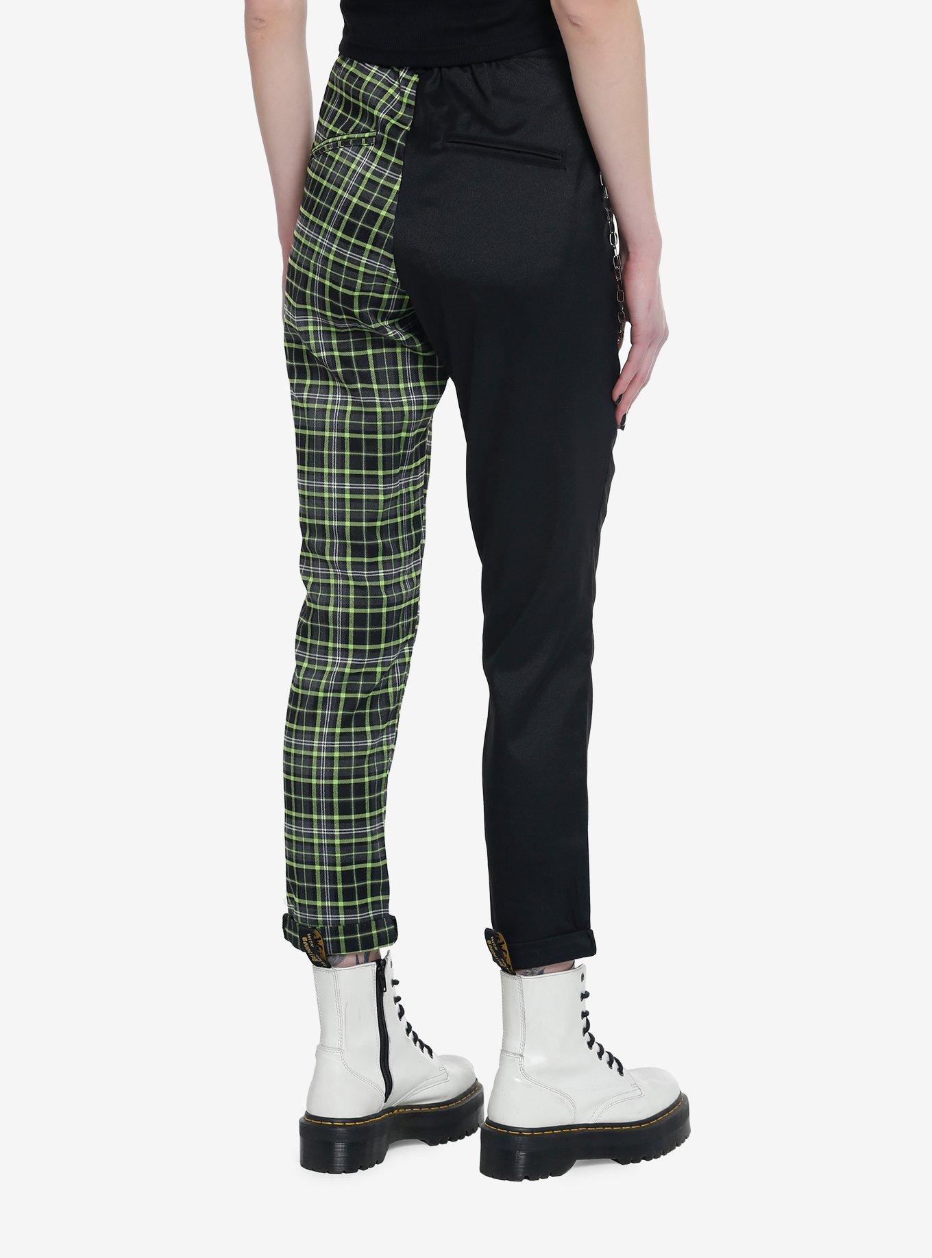 Black & Green Plaid Split Chain Pants, BLACK  GREEN, alternate