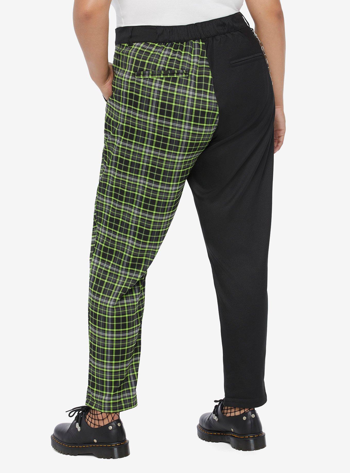 Black & Green Plaid Split Chain Pants Plus Size, BLACK  GREEN, alternate