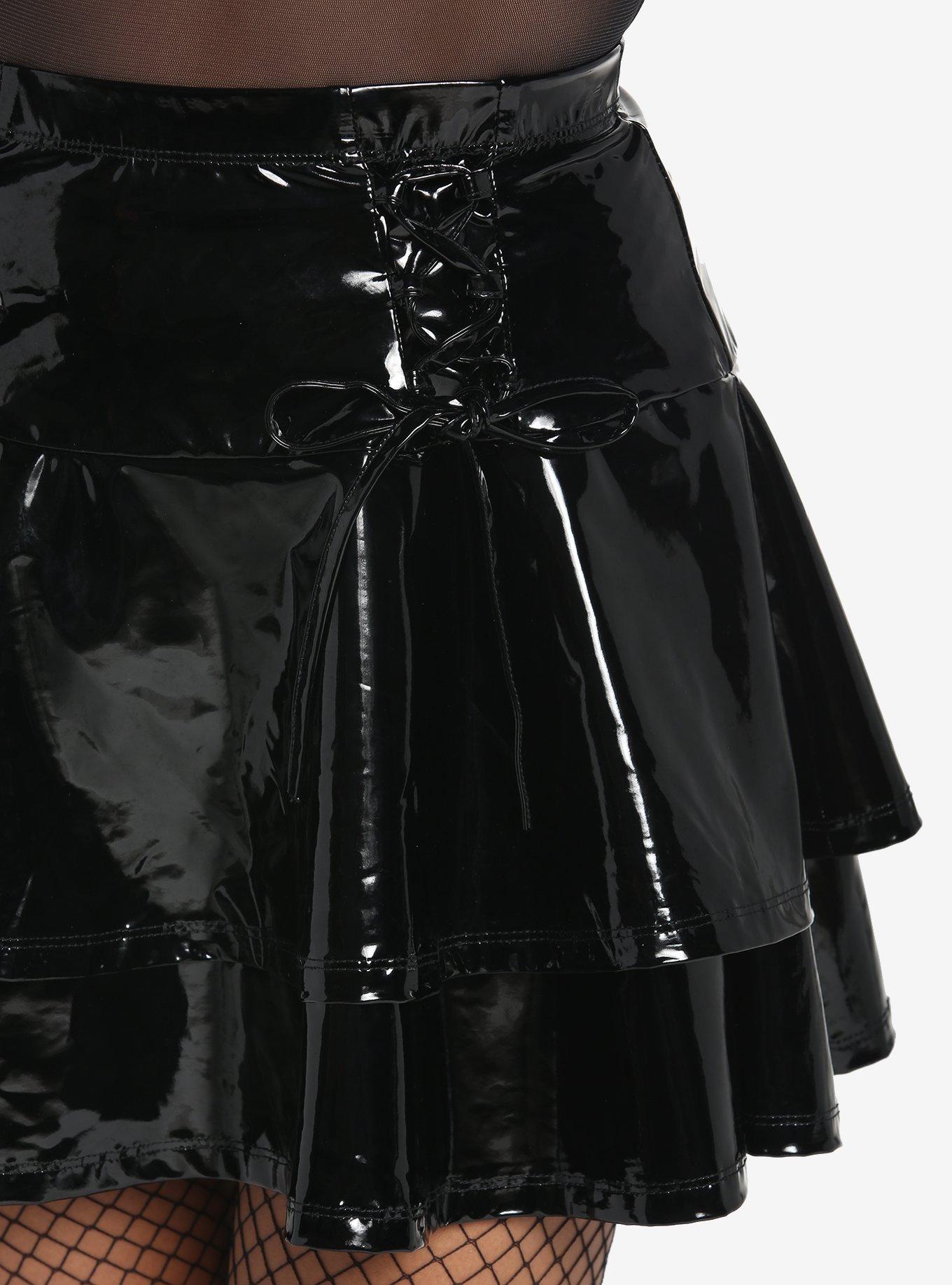 Black Faux Leather Lace-Up Tiered Skirt, BLACK, alternate