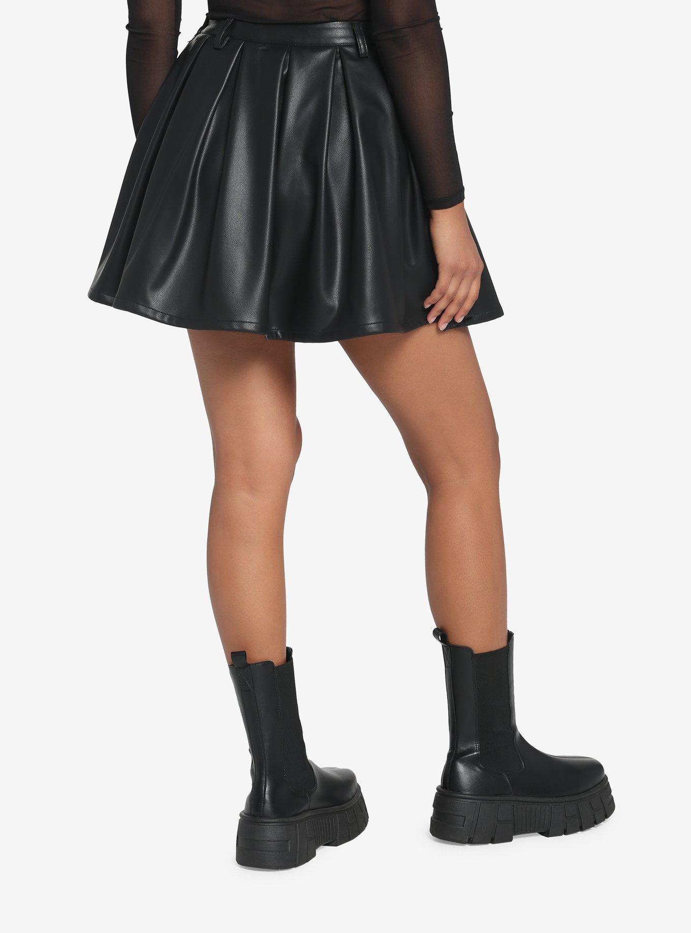 Black Faux Leather Pleated Skirt, BLACK, alternate