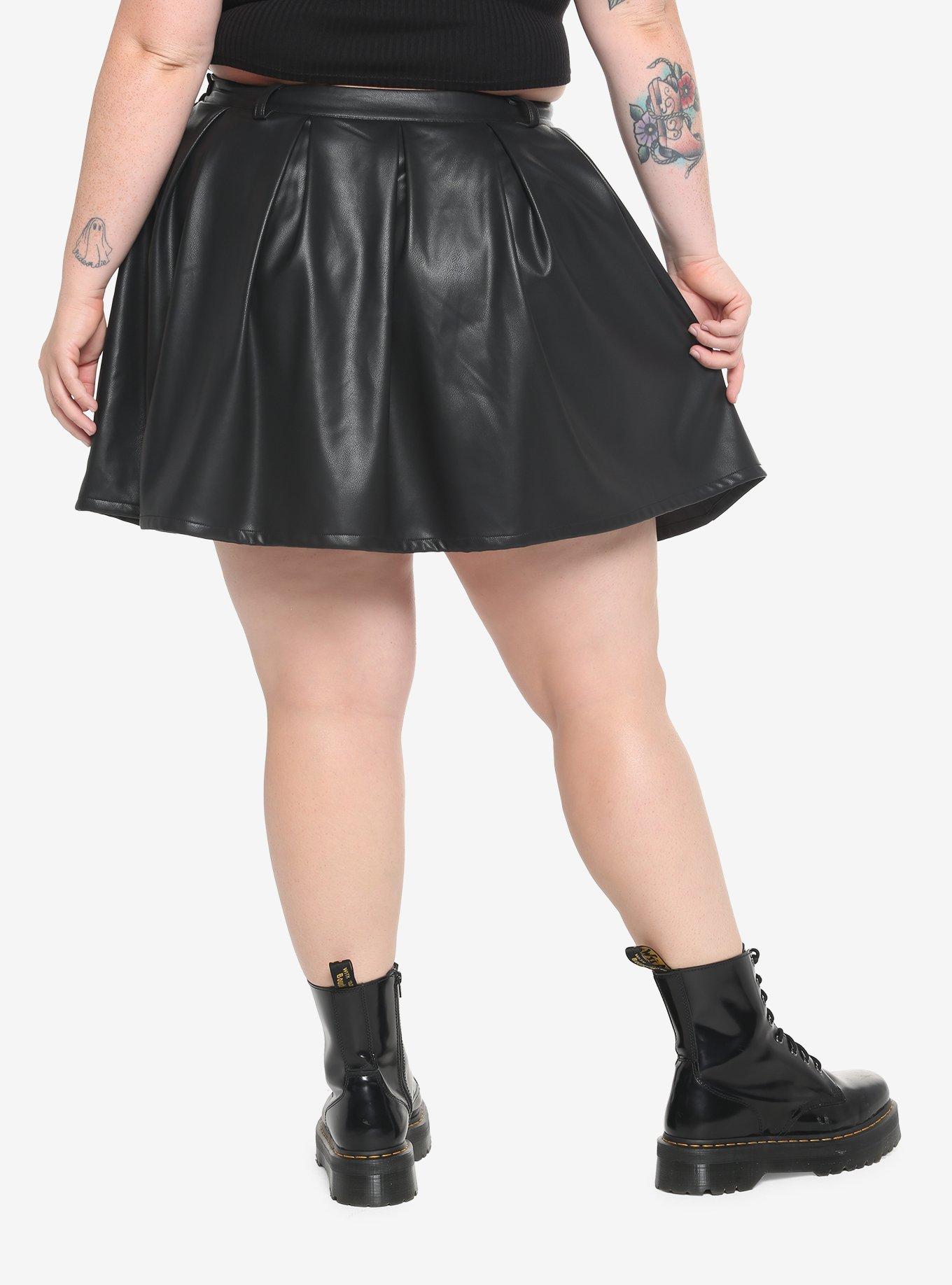 Black Faux Leather Pleated Skirt Plus Size, BLACK, alternate