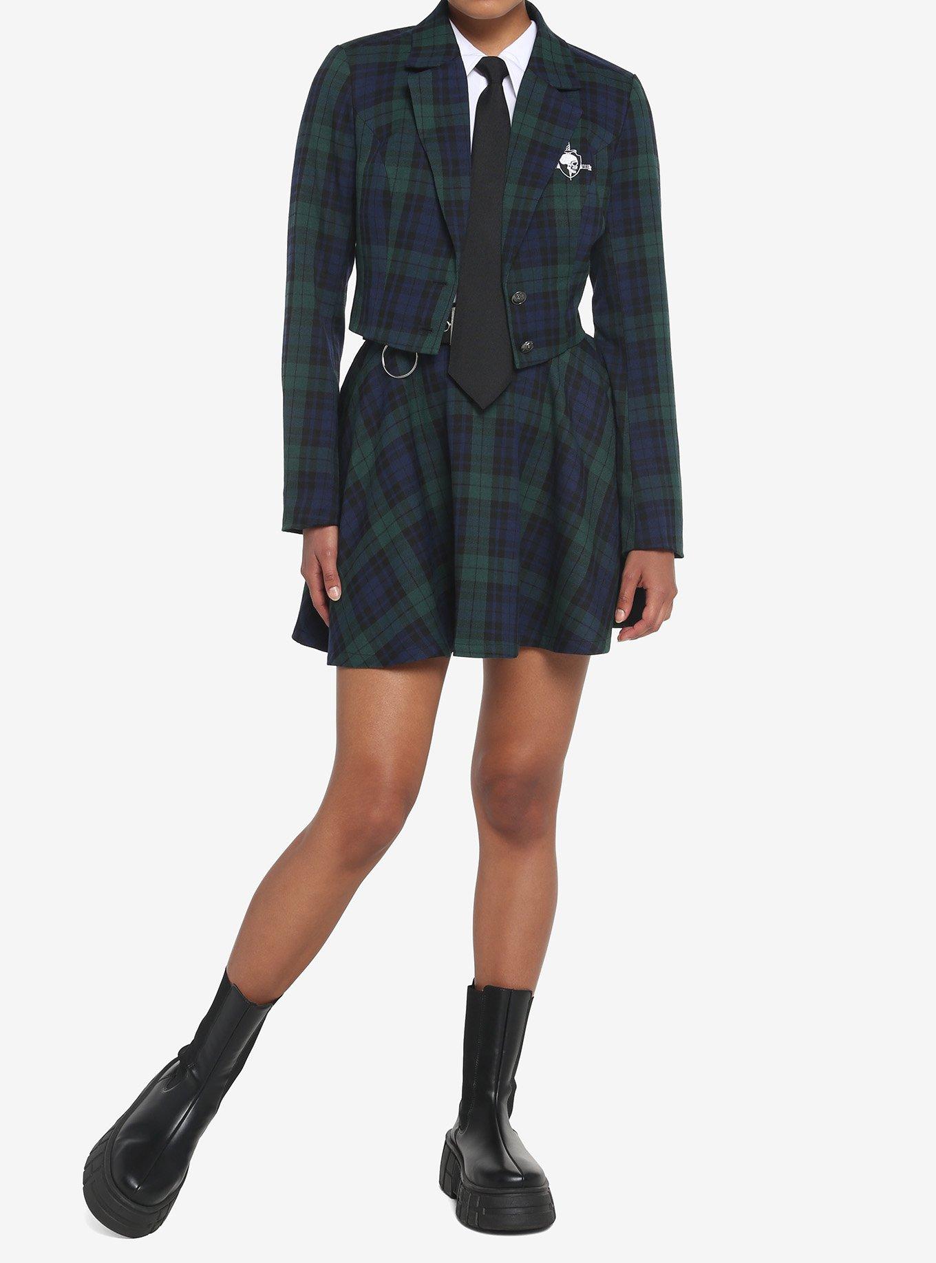 Green & Blue Plaid Skirt With Grommet Belt, BLACK, alternate