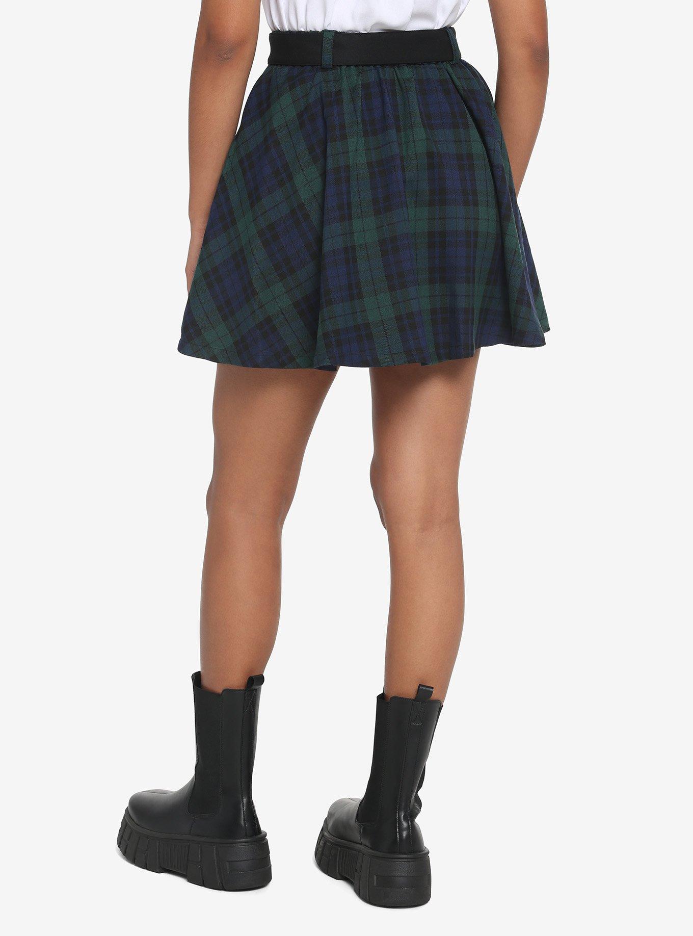 Green & Blue Plaid Skirt With Grommet Belt, BLACK, alternate
