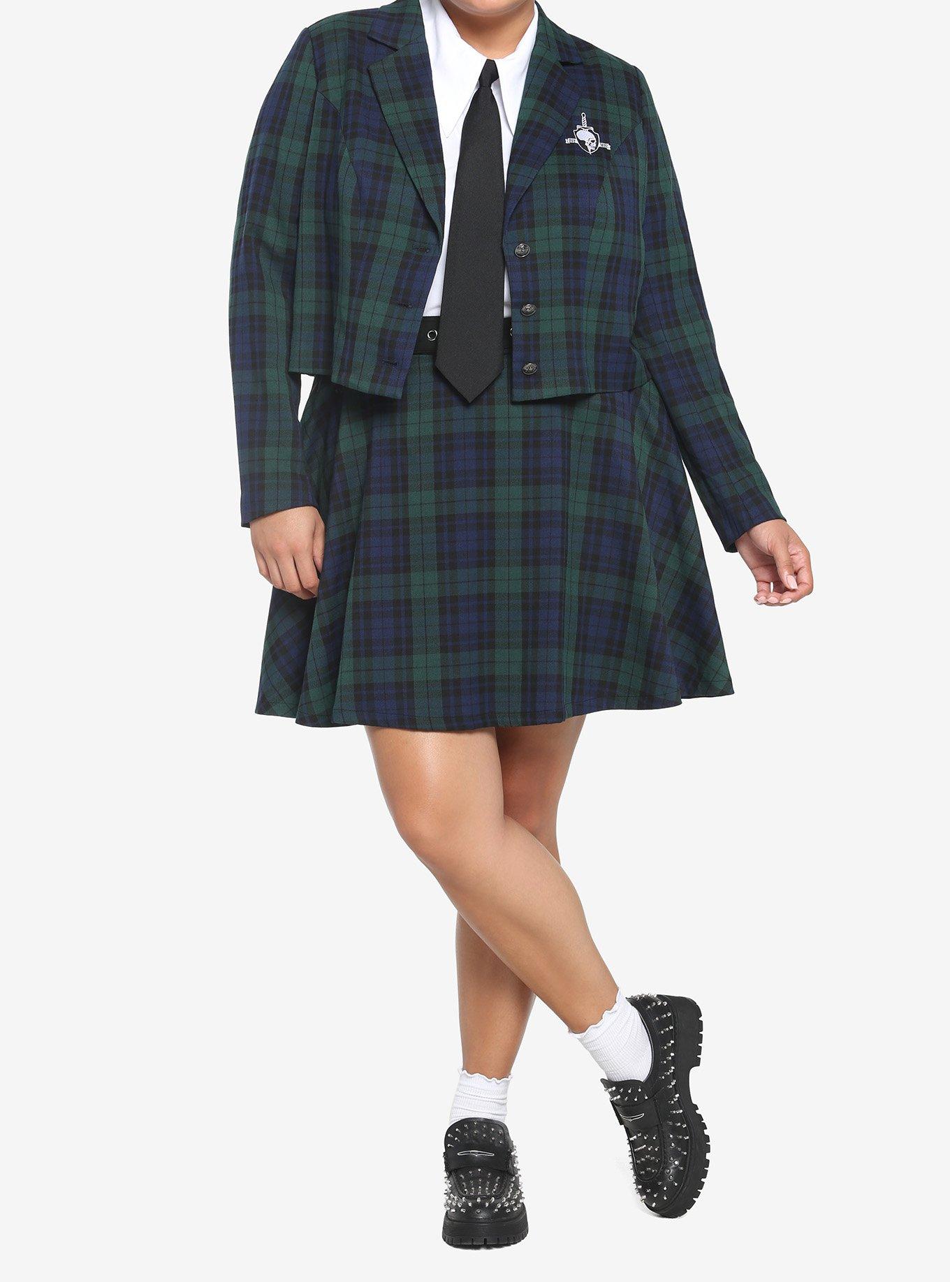 Green & Blue Plaid Skirt With Grommet Belt Plus Size, BLACK, alternate