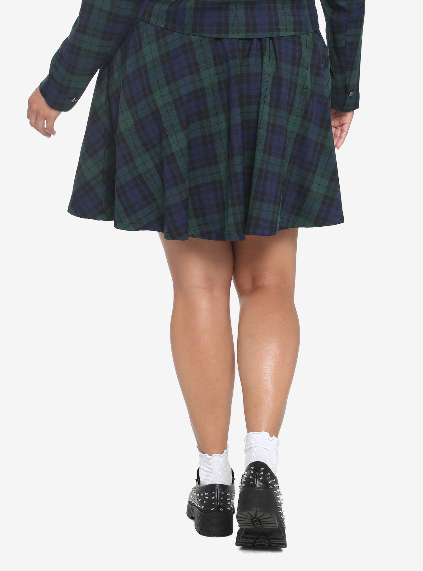 Green & Blue Plaid Skirt With Grommet Belt Plus Size, BLACK, alternate