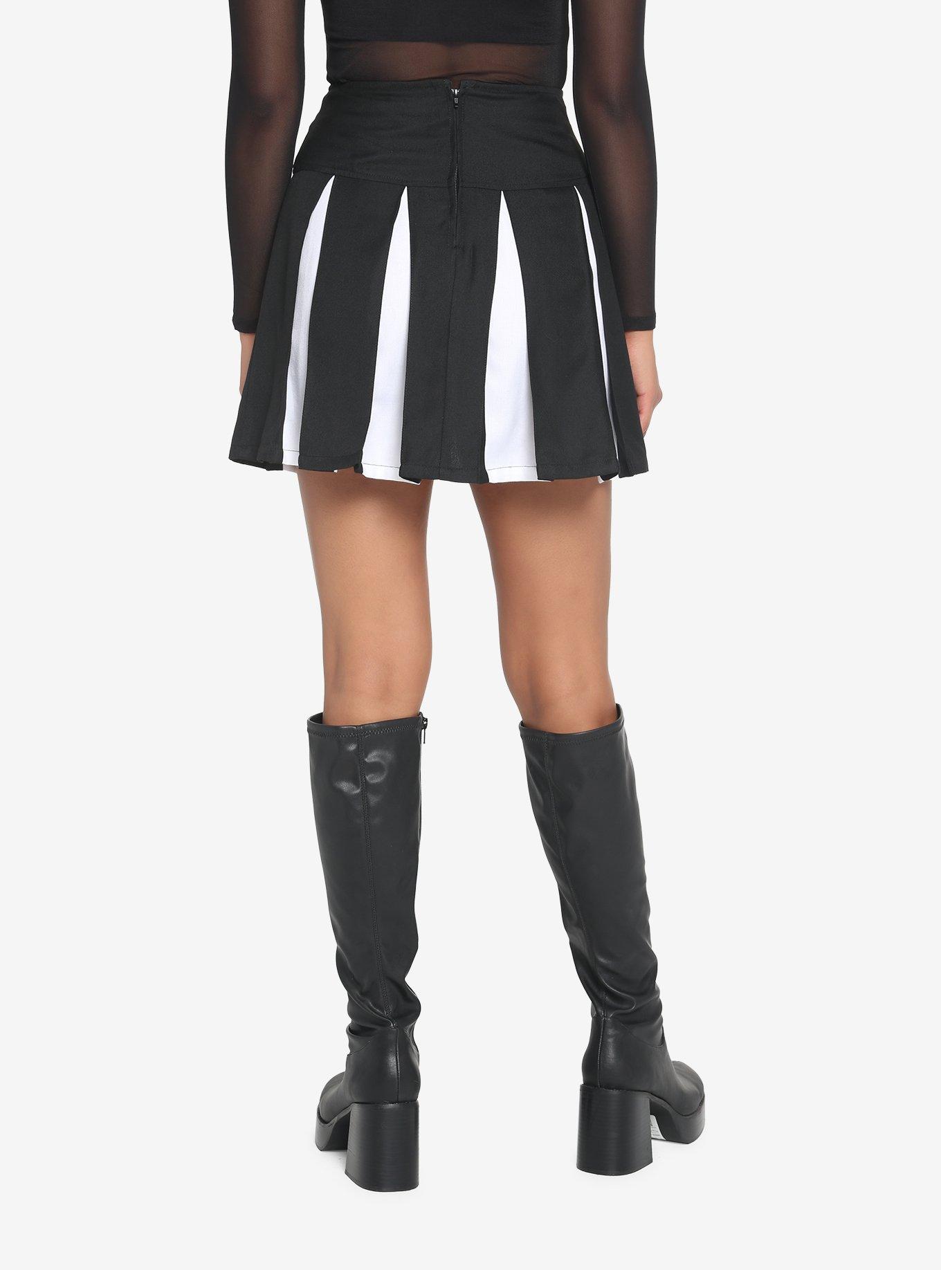 Black & White Contrast Pleated Lace-Up Skirt, BLACK, alternate