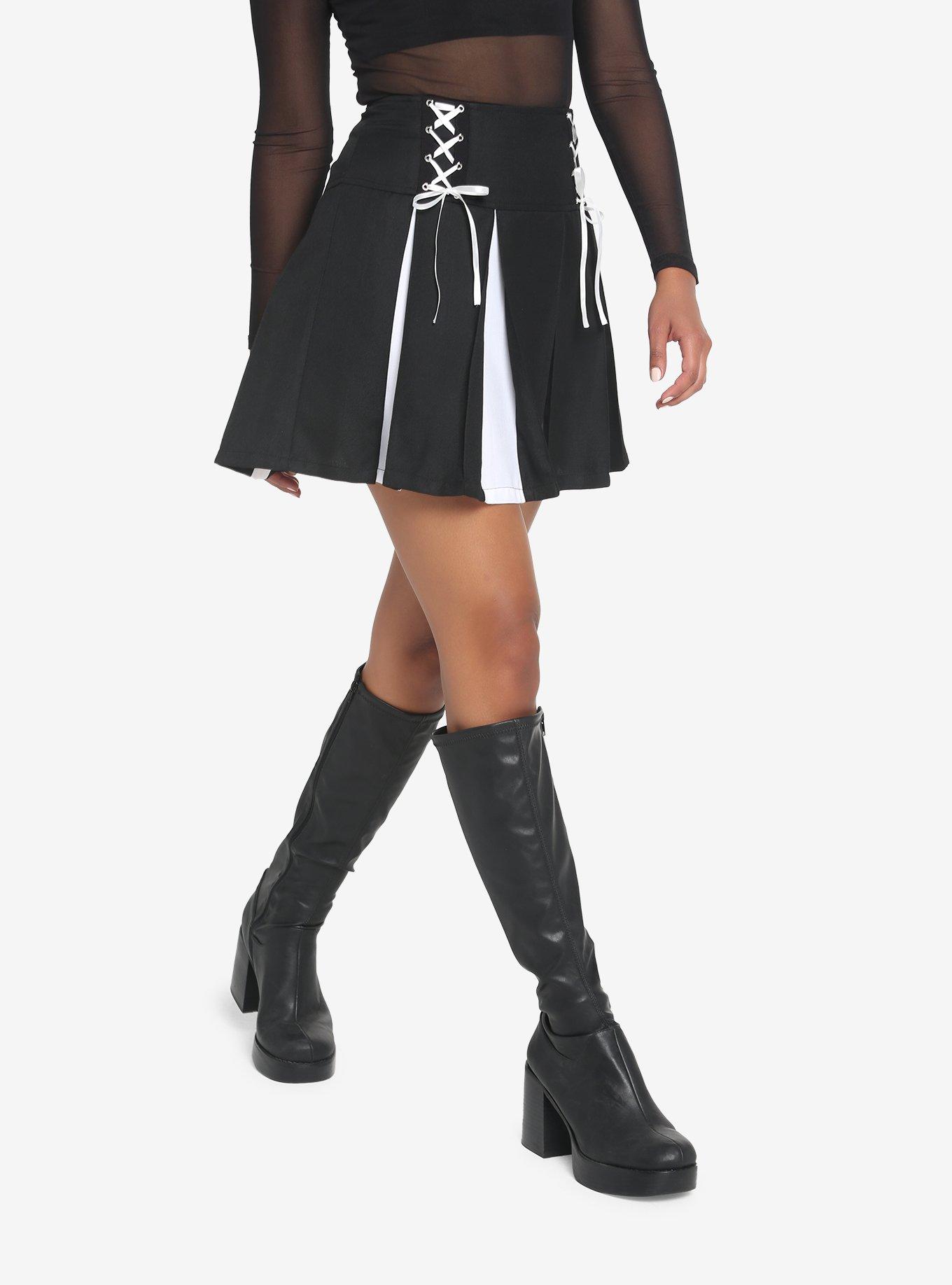 Black & White Contrast Pleated Lace-Up Skirt, BLACK, alternate