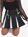Black & White Contrast Pleated Lace-Up Skirt Plus Size, BLACK, alternate