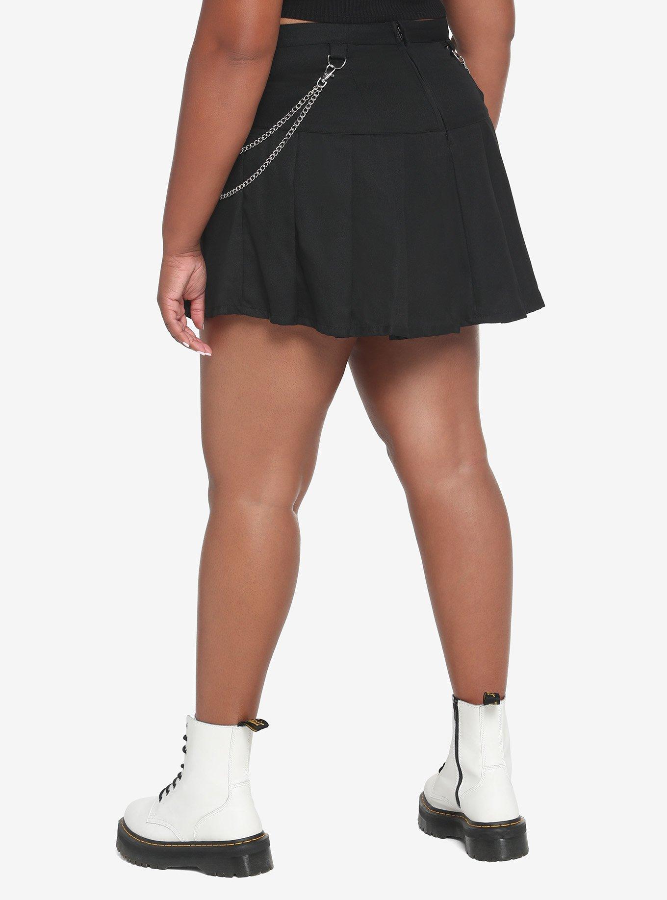 Black Double Chain Pleated Skirt Plus Size, BLACK, alternate