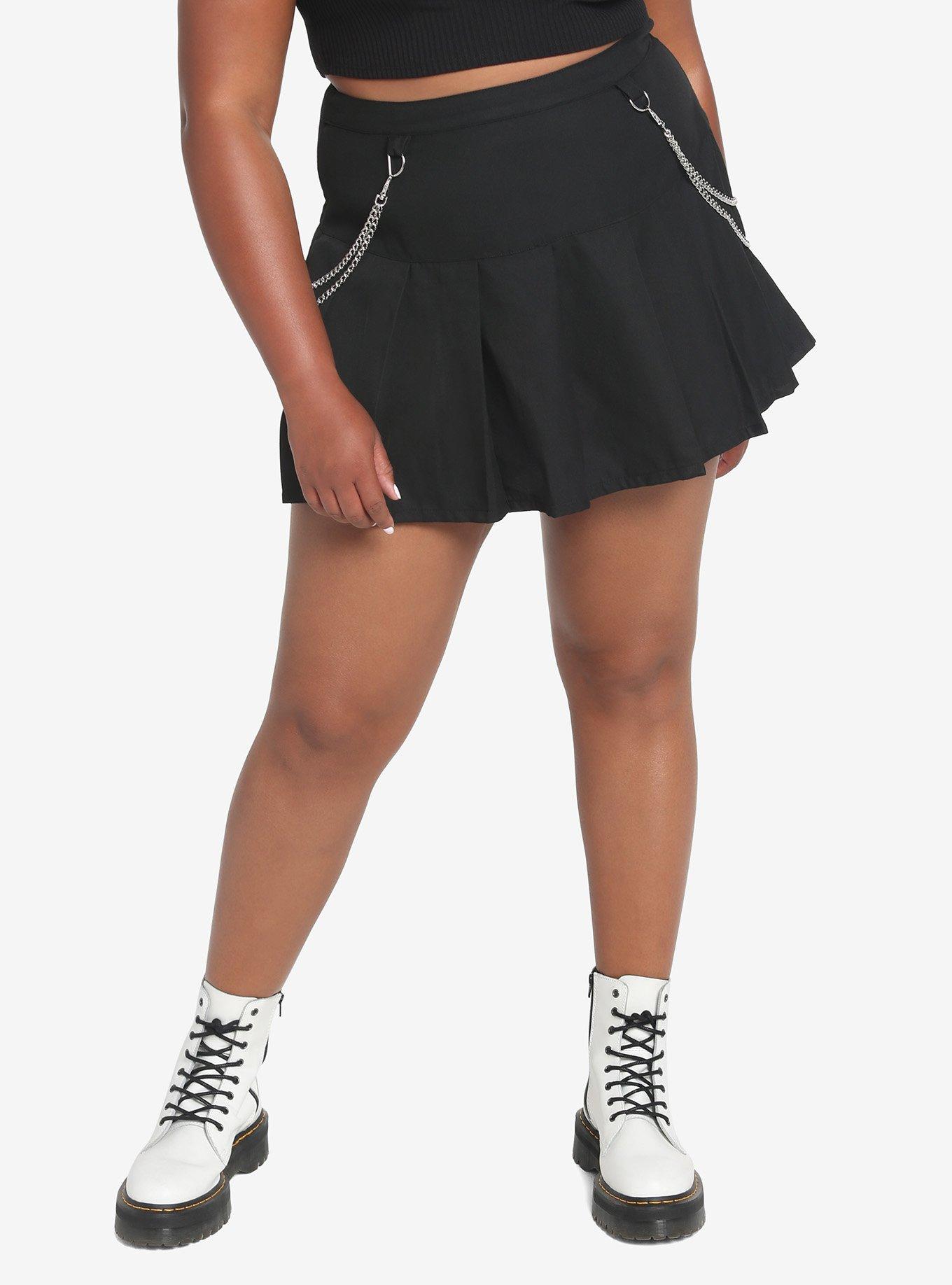 Black Double Chain Pleated Skirt Plus Size, BLACK, alternate