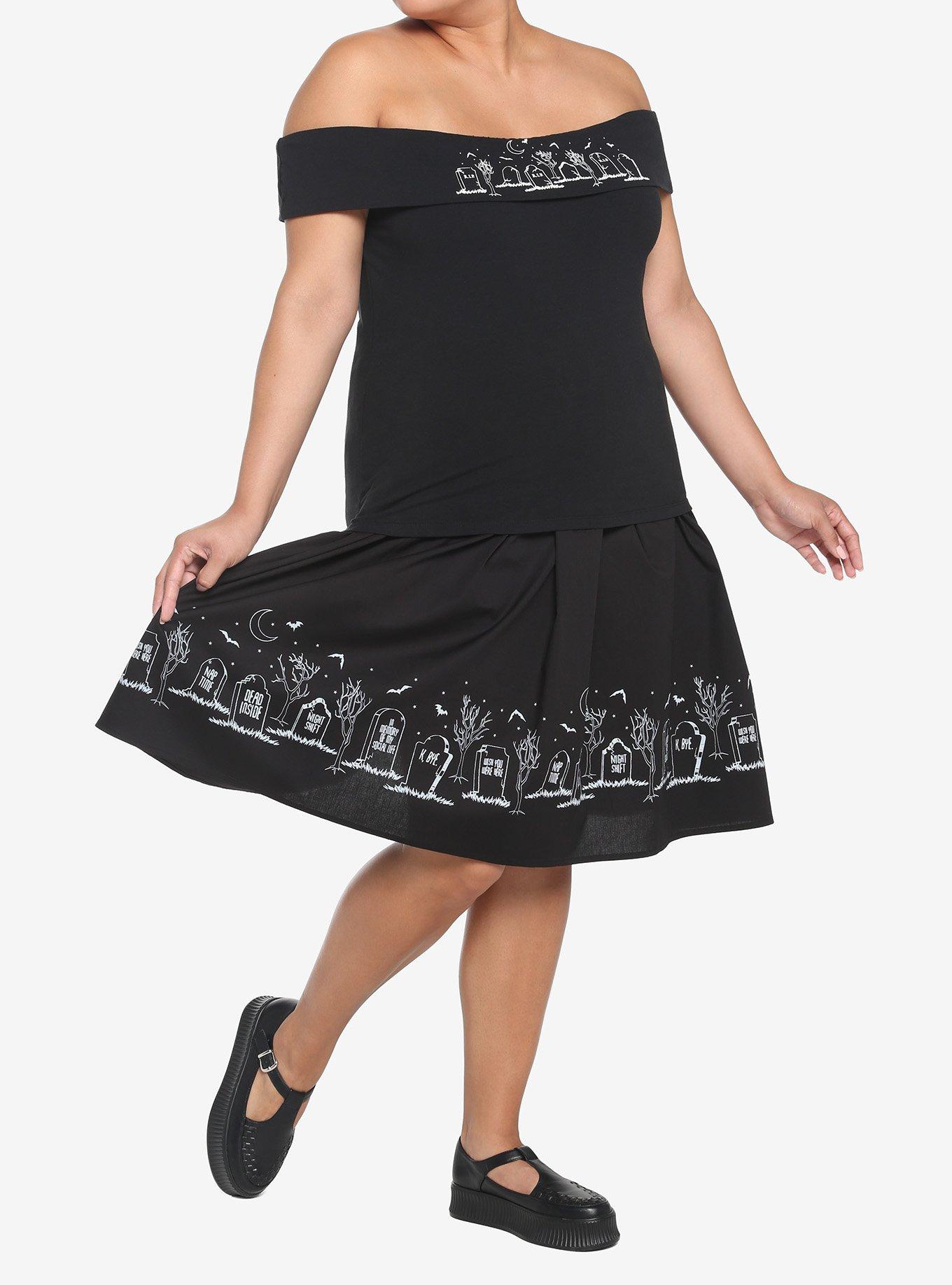 Graveyard Bats Midi Skirt Plus Size, BLACK, alternate