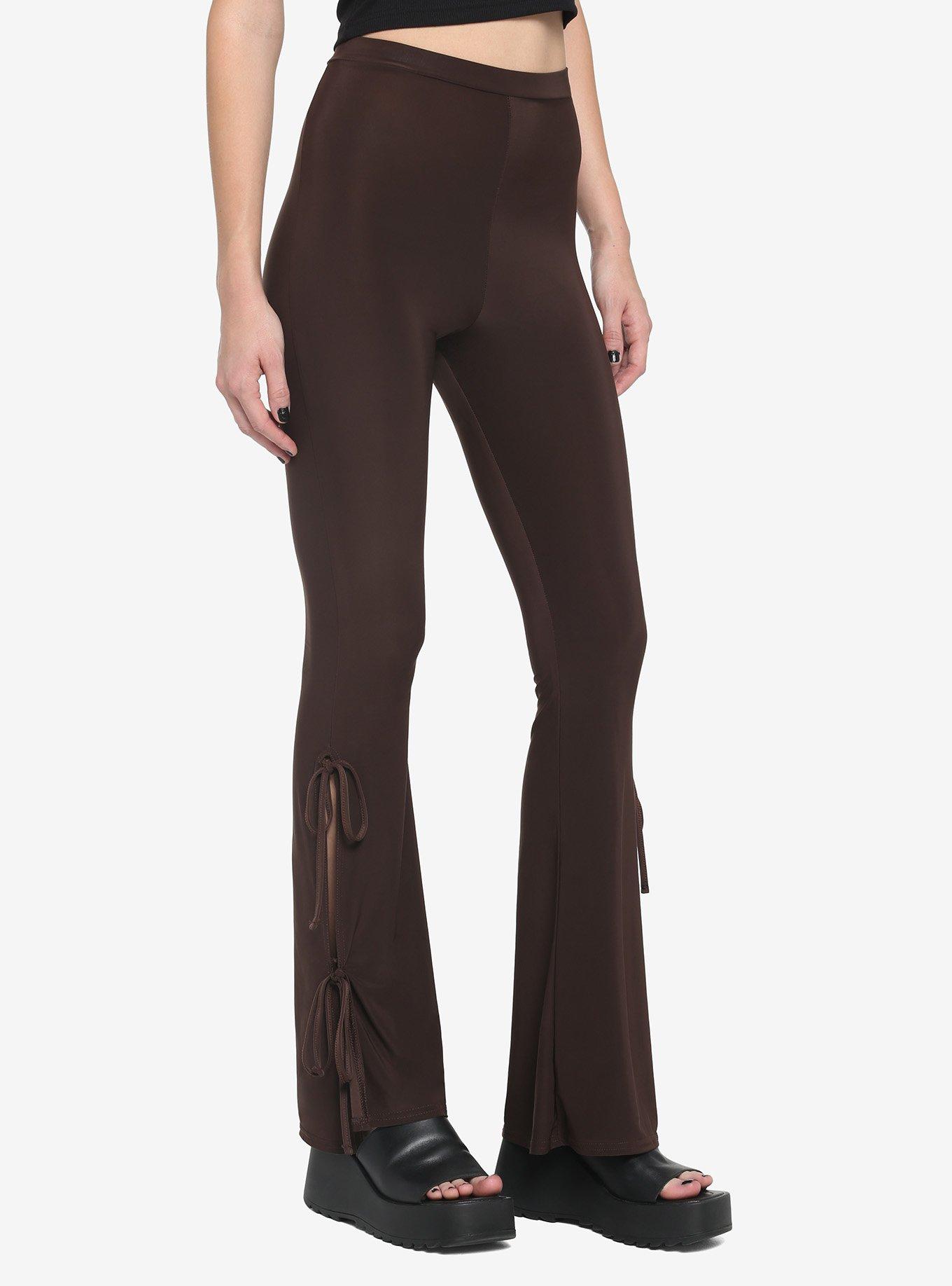 Brown Side Tie Flare Leggings, BROWN, alternate