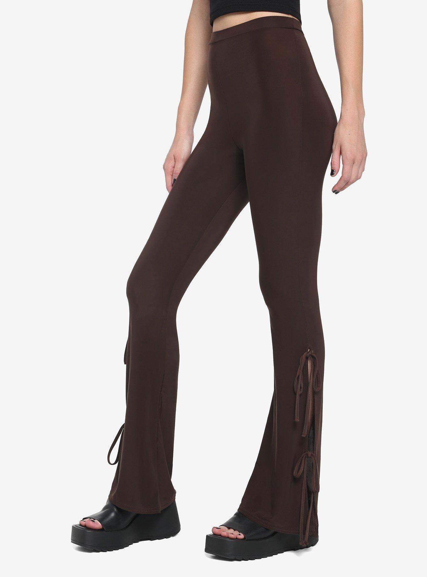Brown Side Tie Flare Leggings, BROWN, alternate
