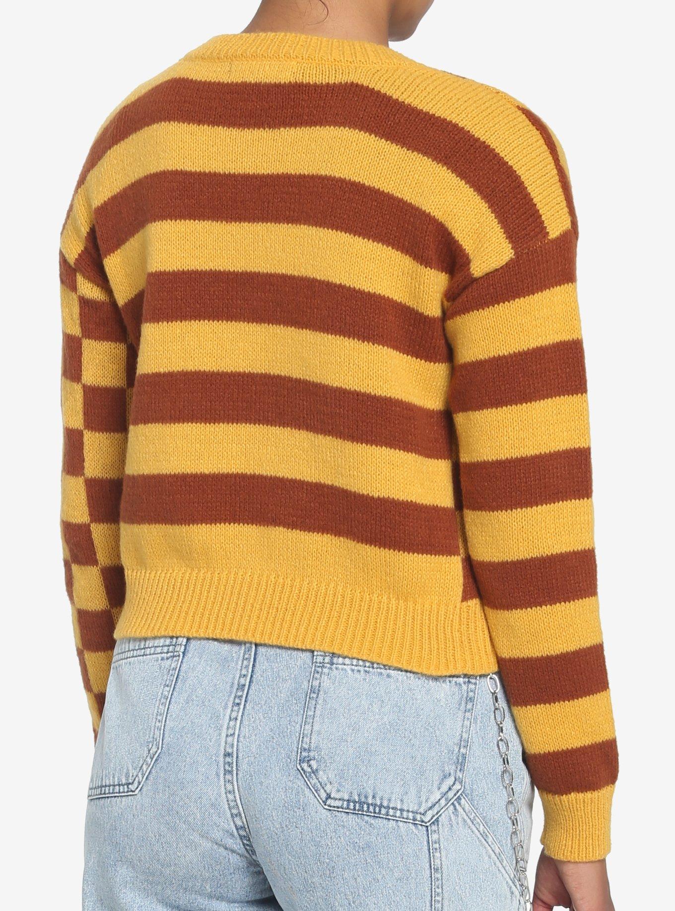 Mustard Checkered & Stripe Boyfriend Fit Girls Crop Cardigan, MULTI, alternate