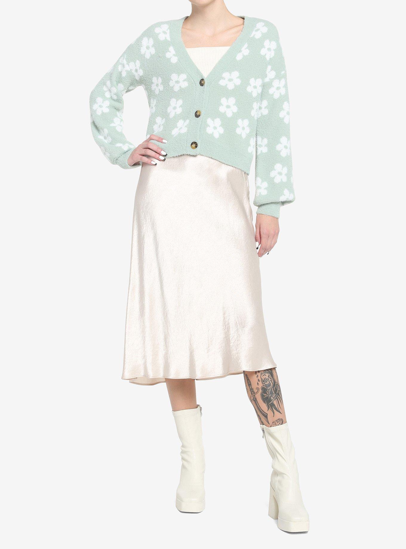 Sage Green Daisy Fuzzy Girls Crop Cardigan, GREEN, alternate