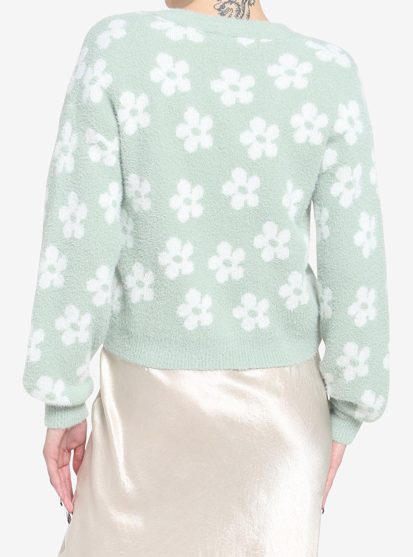 Sage Green Daisy Fuzzy Girls Crop Cardigan, GREEN, alternate