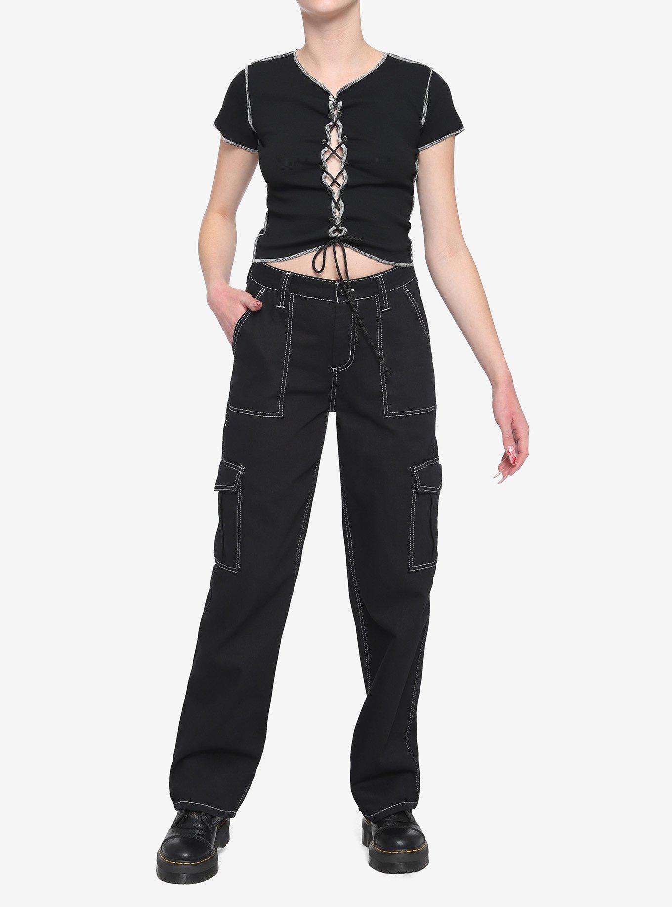 Black & White Contrast Lace-Up Girls Crop Top, BLACK, alternate