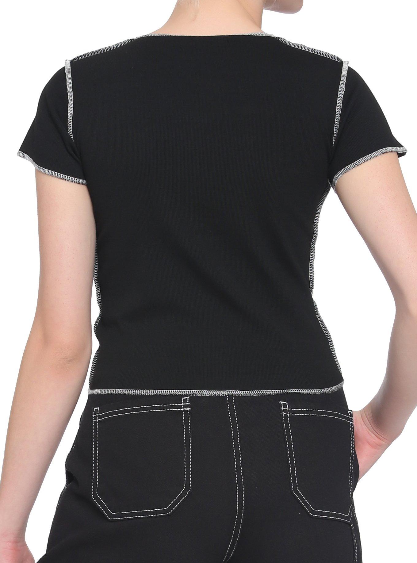 Black & White Contrast Lace-Up Girls Crop Top, BLACK, alternate