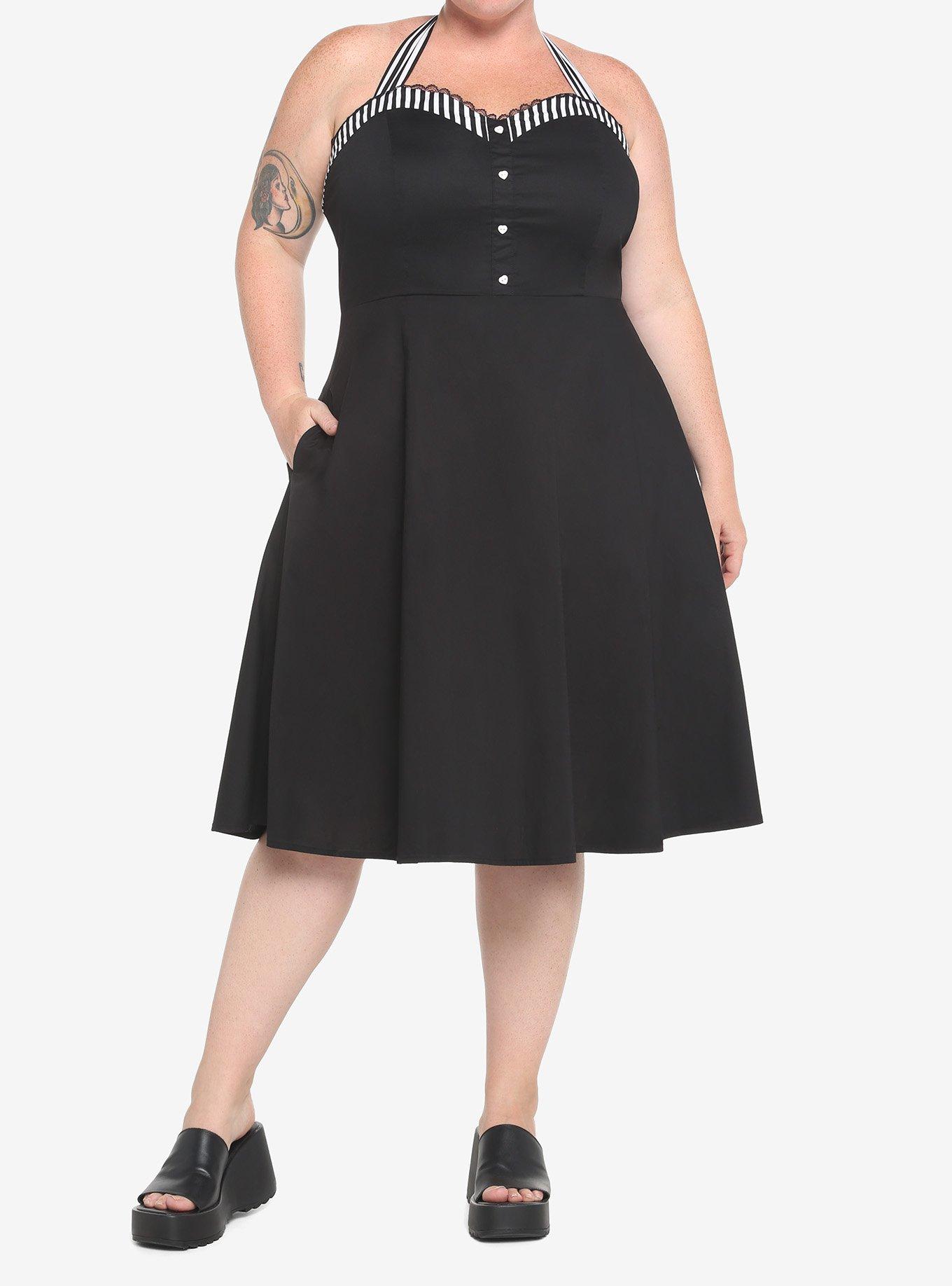 Black & White Stripe Retro Halter Dress Plus Size, BLACK-WHITE STRIPE, alternate