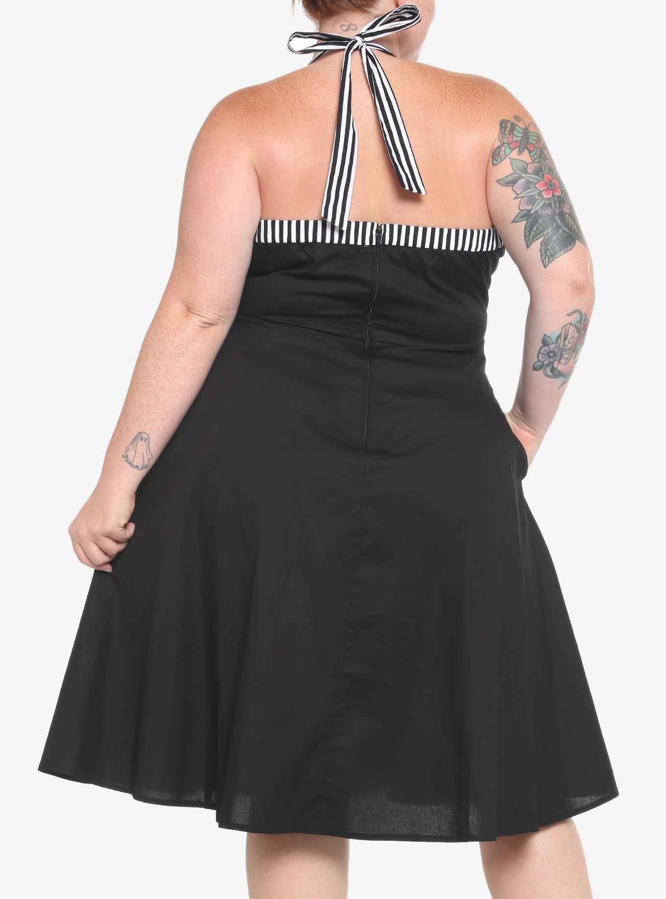 Black & White Stripe Retro Halter Dress Plus Size, BLACK-WHITE STRIPE, alternate