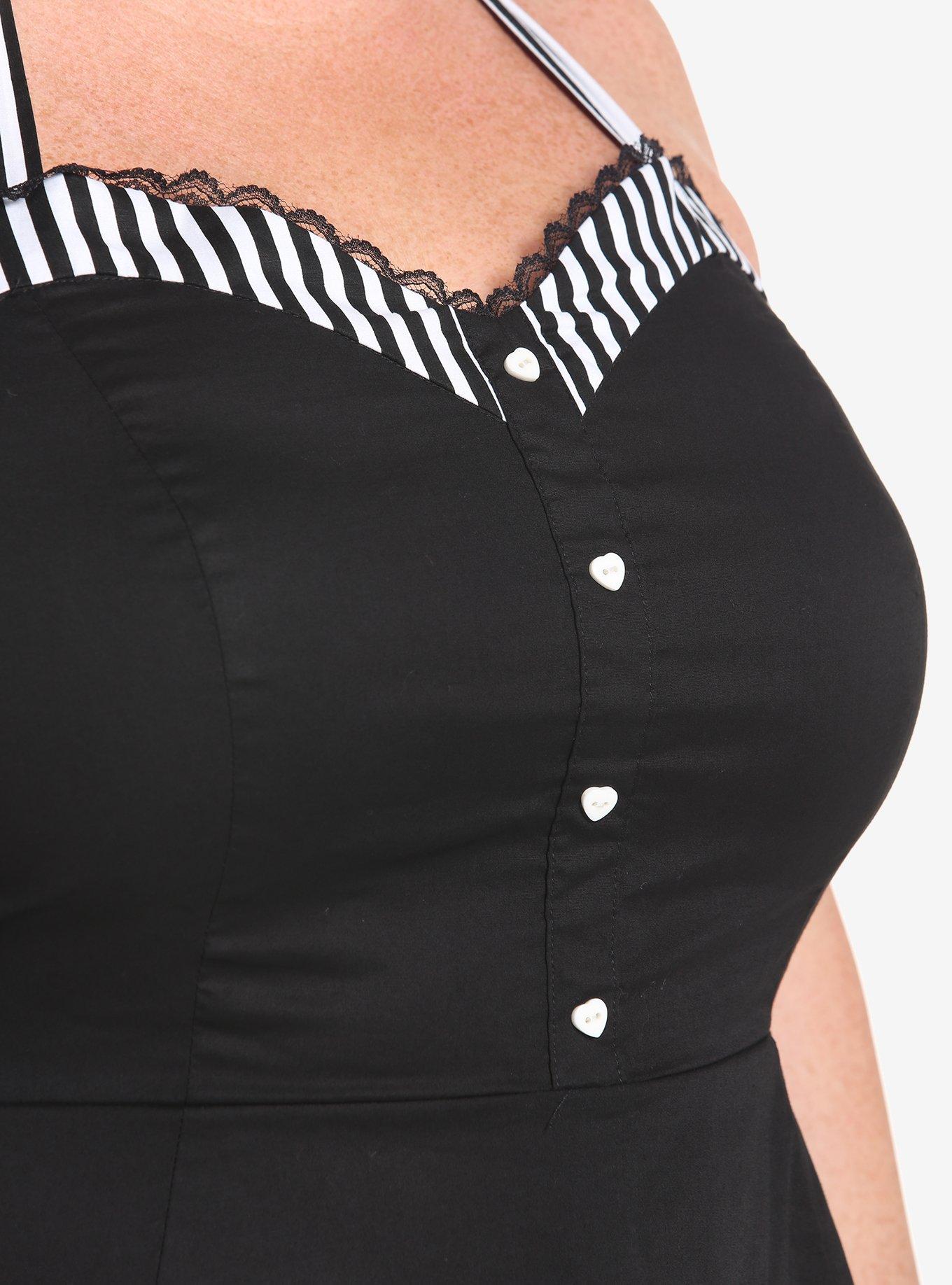 Black & White Stripe Retro Halter Dress Plus Size, BLACK-WHITE STRIPE, alternate