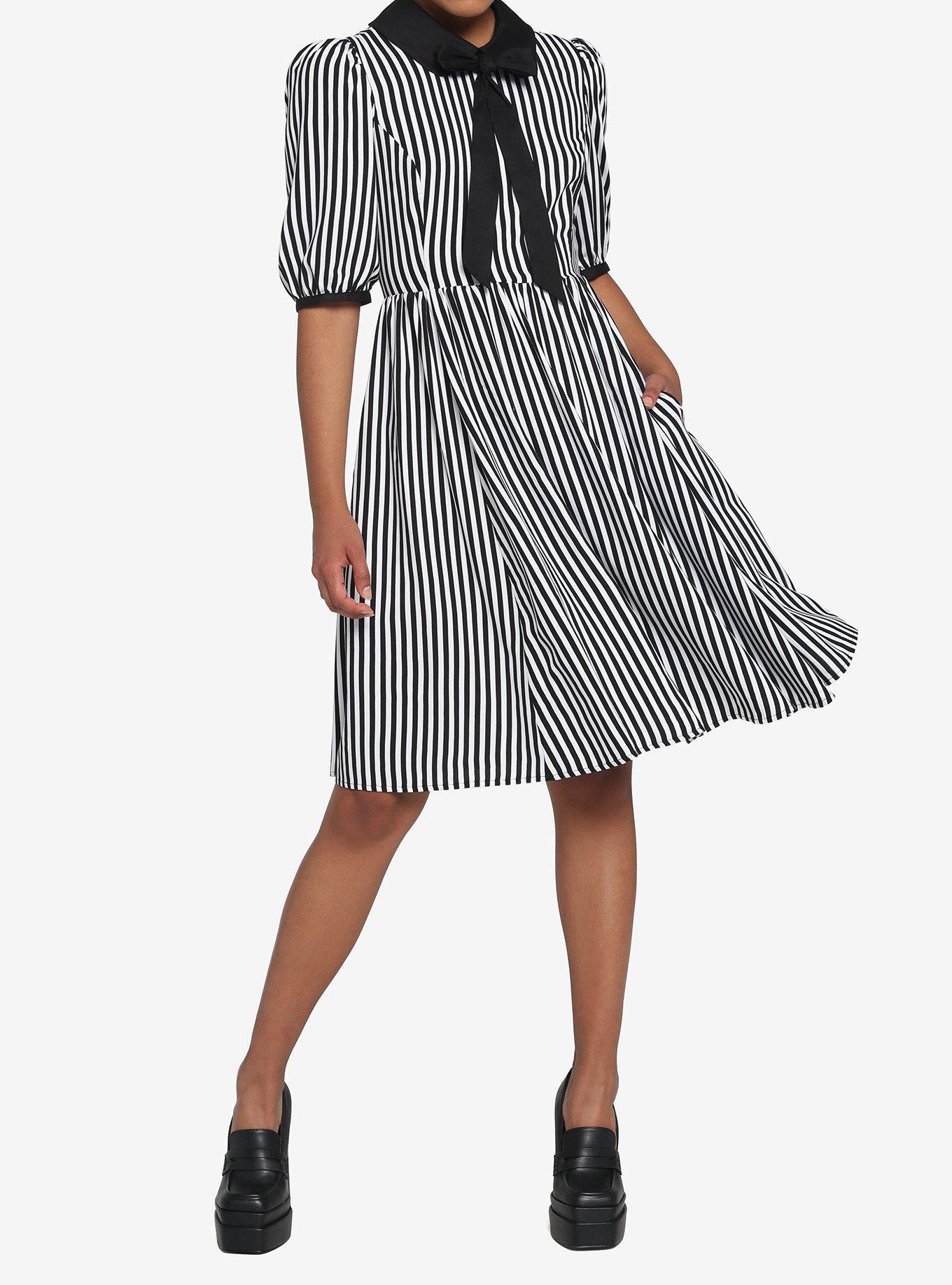 Black & White Stripe Bow Retro Dress, BLACK-WHITE STRIPE, alternate