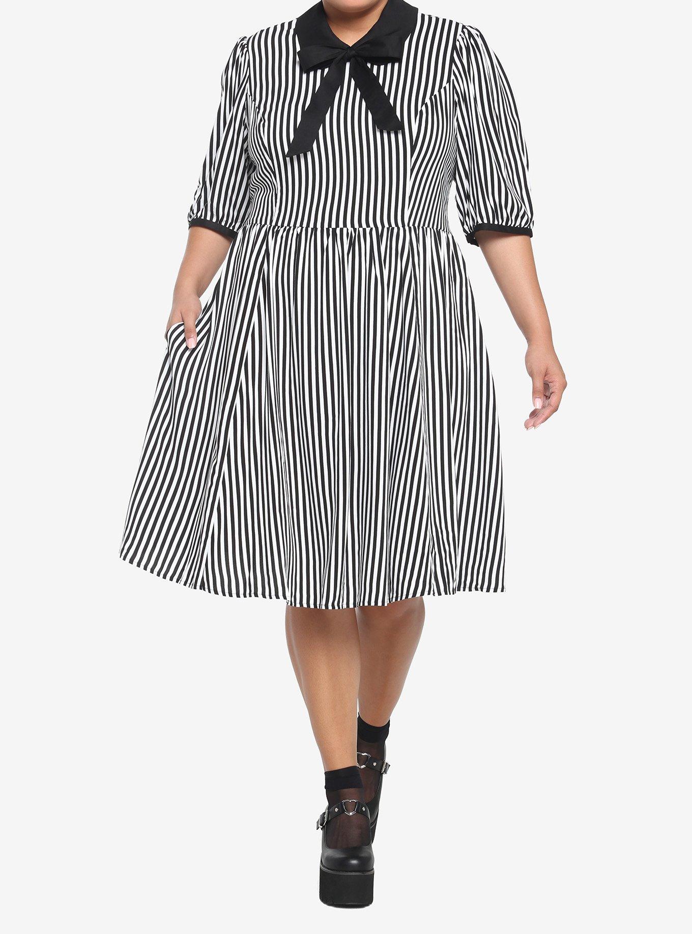 Black & White Stripe Bow Retro Dress Plus Size, BLACK-WHITE STRIPE, alternate
