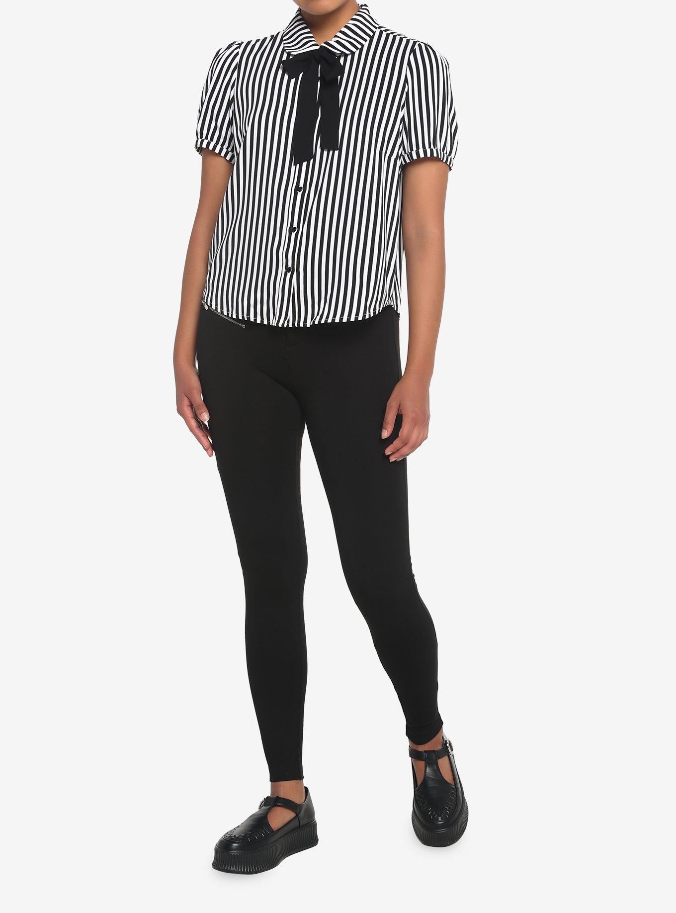 Black & White Pinstripe Bow Woven Button-Up, BLACK-WHITE STRIPE, alternate