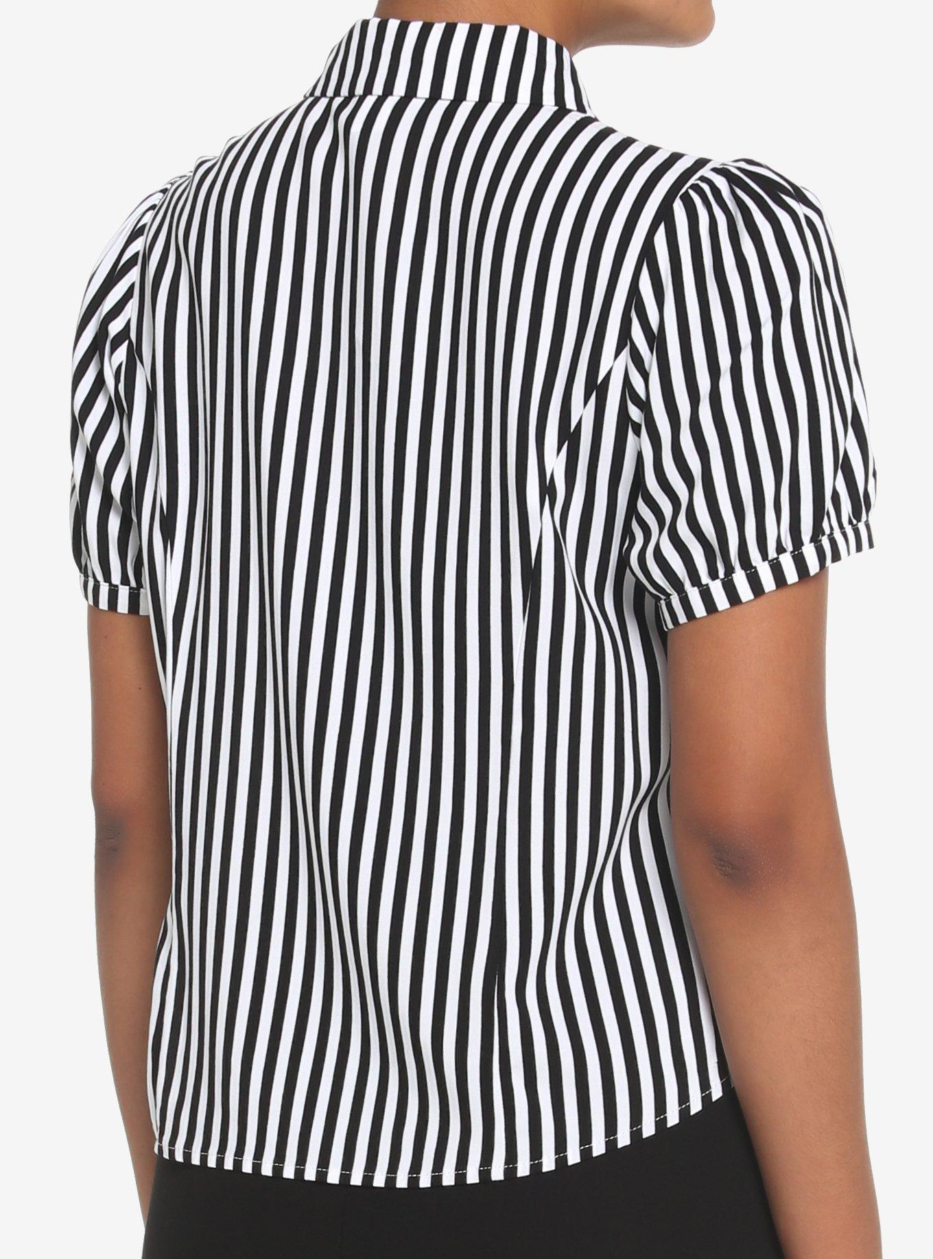 Black & White Pinstripe Bow Woven Button-Up, BLACK-WHITE STRIPE, alternate