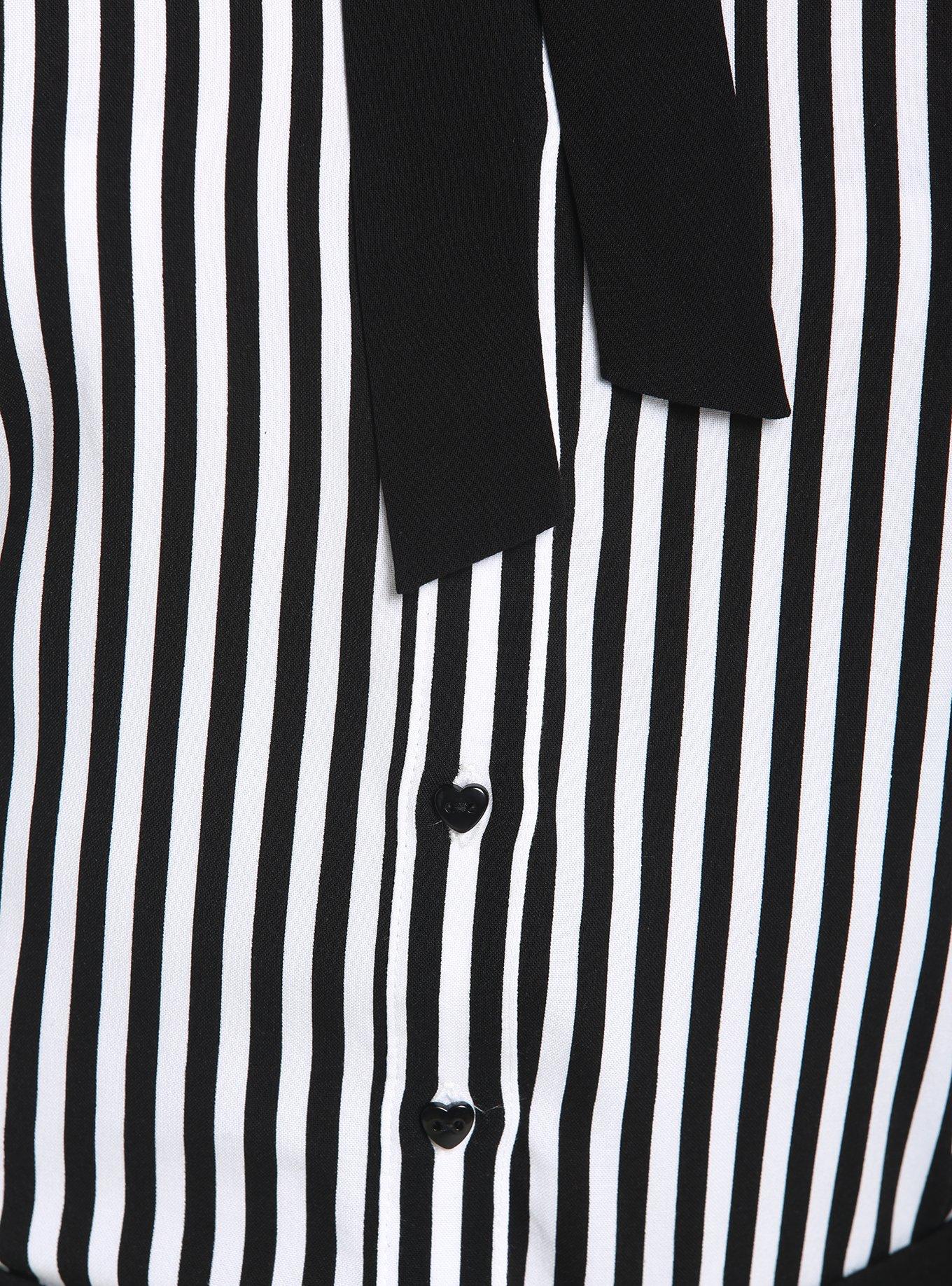 Black & White Pinstripe Bow Woven Button-Up, BLACK-WHITE STRIPE, alternate