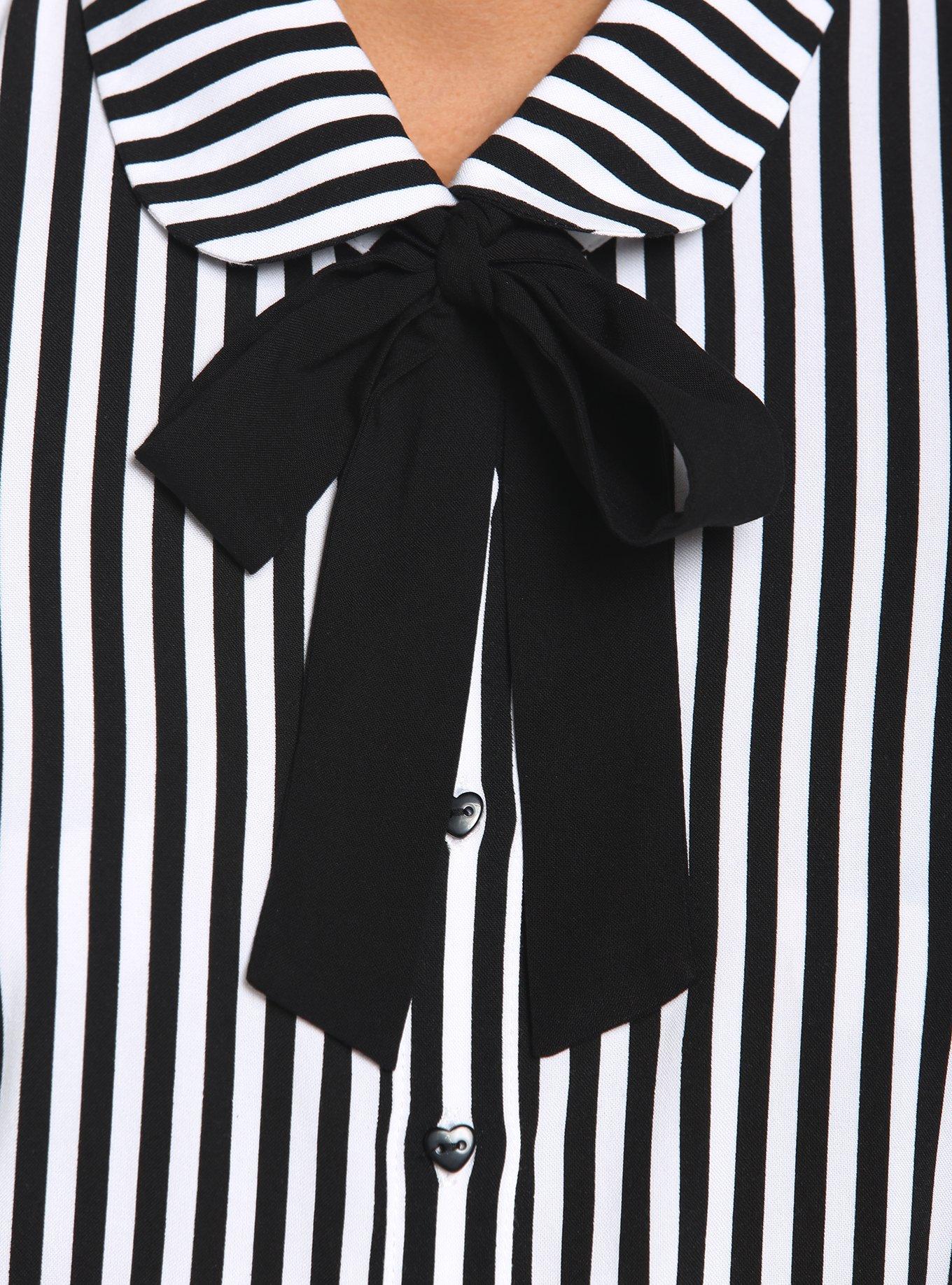 Black & White Pinstripe Bow Woven Button-Up, BLACK-WHITE STRIPE, alternate
