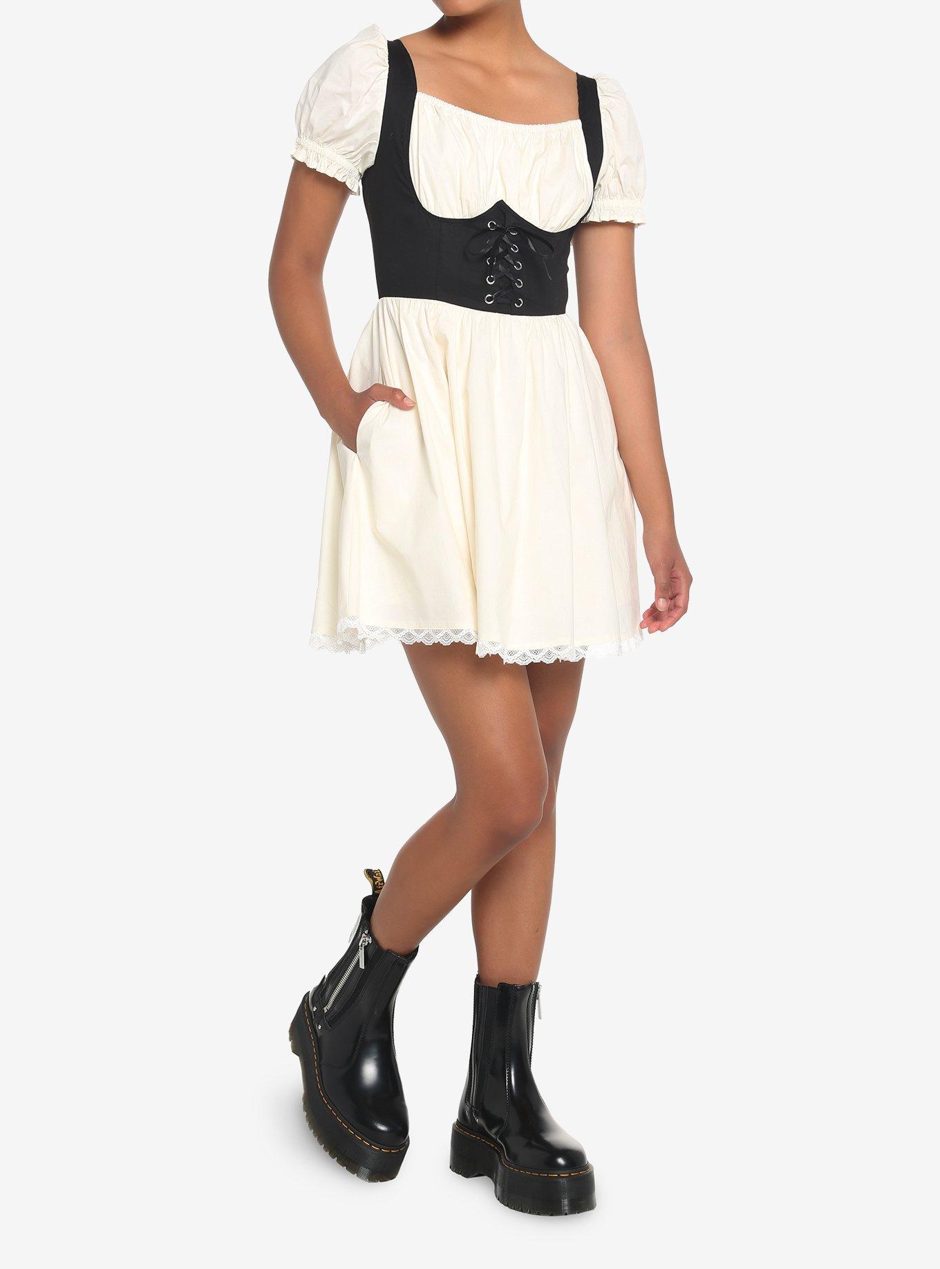 Ivory Lace Ruffle Corset Dress, BLACK-WHITE, alternate