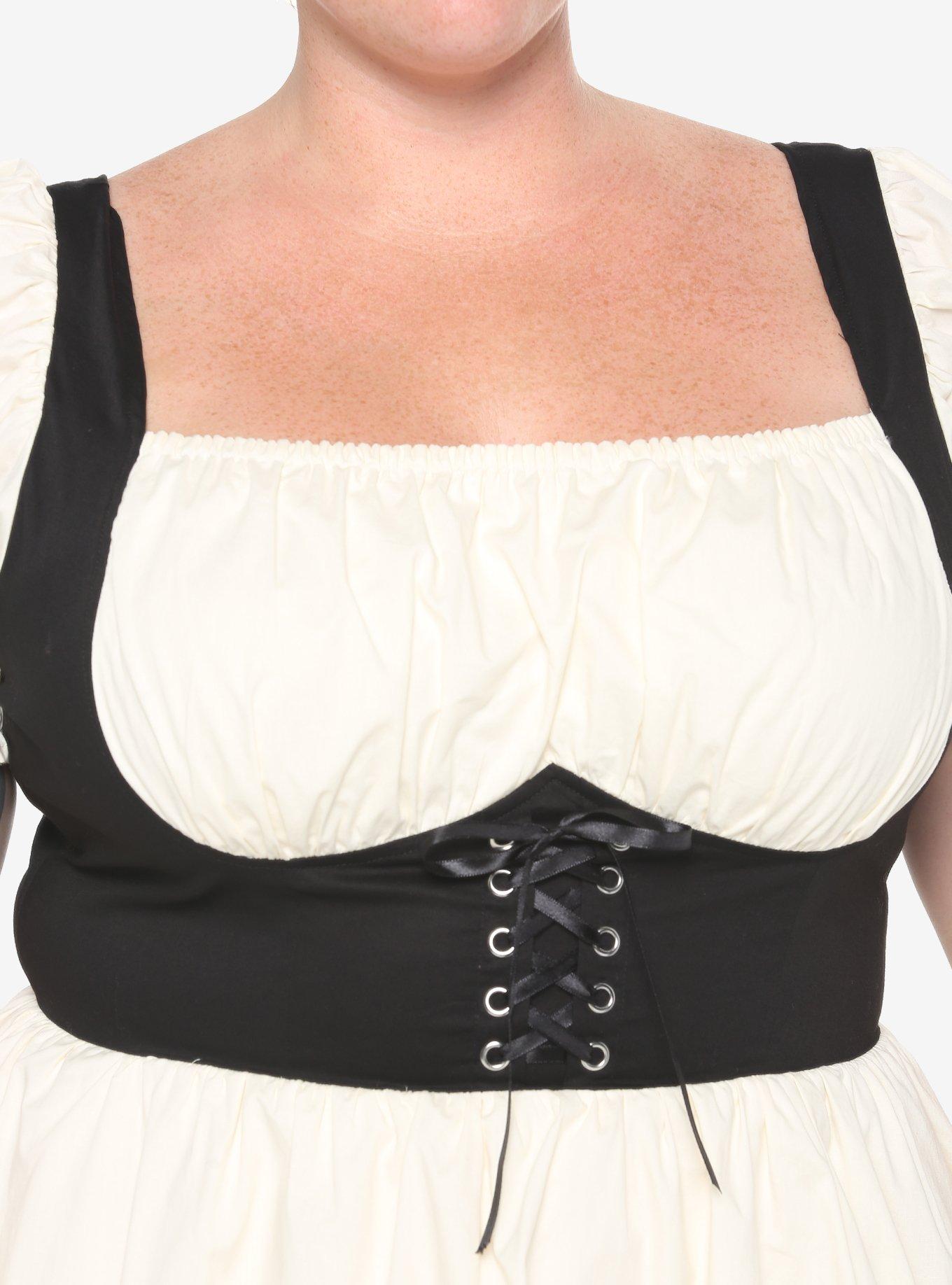 Ivory Lace Ruffle Corset Dress Plus Size, BLACK-WHITE, alternate